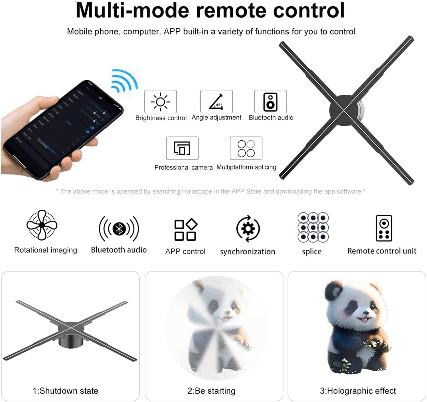 Multi-mode remote control and app interface for VCHICS 3D Holographic Fan, showing shutdown, starting, and holographic effect states