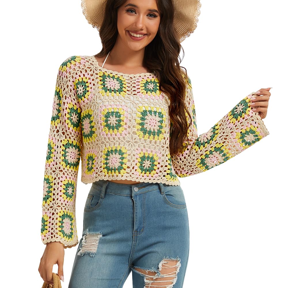 Crochet African Flower Granny Square Pullover Colorful Block Sweater Knitted Cover Up Hollow Out Long Sleeve Beach Outfits