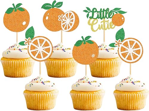 Paquete de 24 adornos para cupcakes de frutas naranjas para cupcakes, cítricos y naranjas, decoración de pasteles de baby shower, suministros para