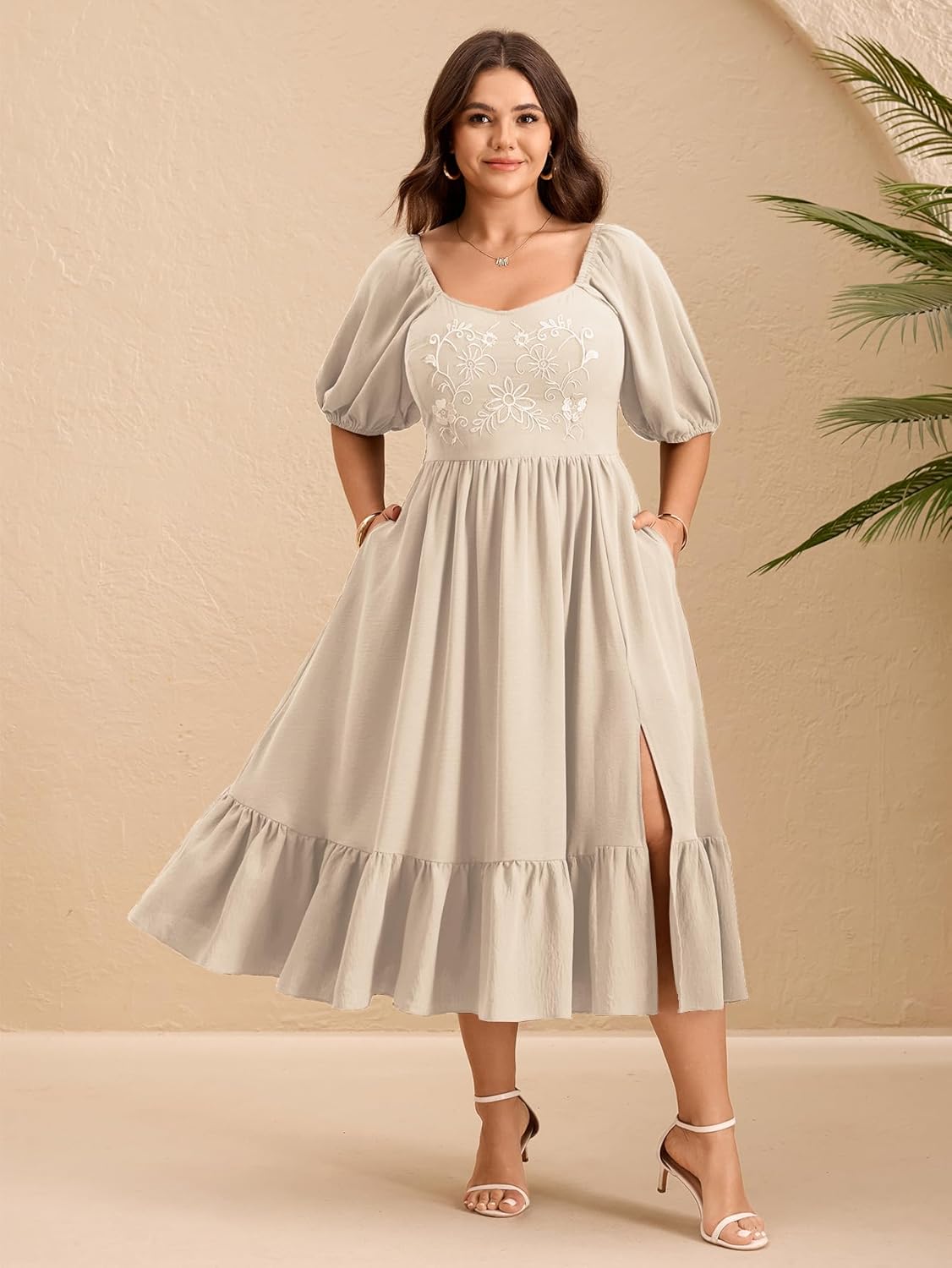 SCOMCHIC Women's Plus Size Midi Dresses Short Sleeve Floral Embroidered Smocked Ruffle Split Summer Western Boho Dress - Image 4