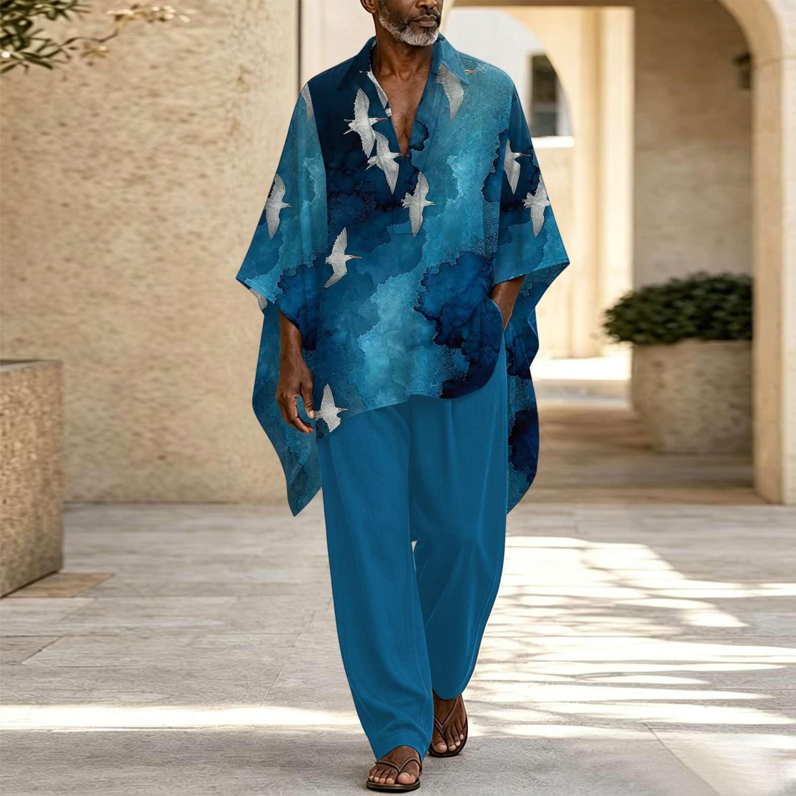 Herren Freizeitanzug Ethno Tunika Hose Set Locker Fit Kaftan Boho Oberteil