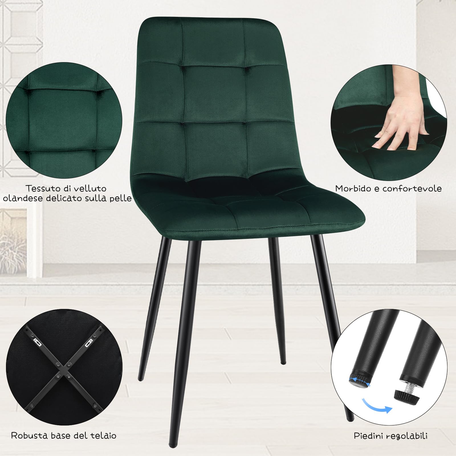 WAFTING Set di 4 sedie da pranzo imbottite con schienale alto e velluto olandese, con base in metallo, per sala da pranzo, soggiorno e reception, verde scuro