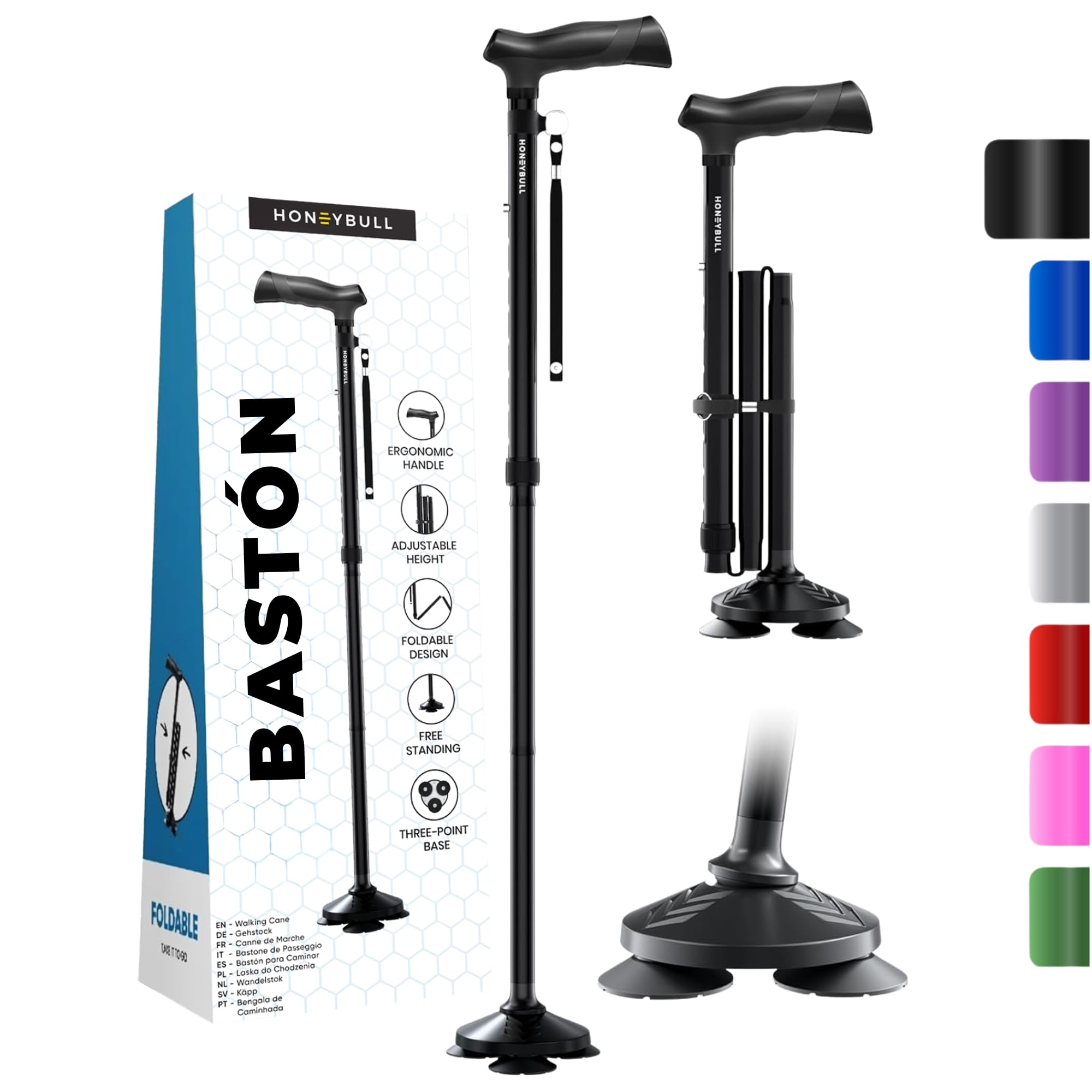 HONEYBULL Bastón para Hombres y Mujeres - Plegable, Ajustable, Abatible, Bastón Portátil, Punta Pivotante, Resistente | Bastones para Personas Mayores y Adultos