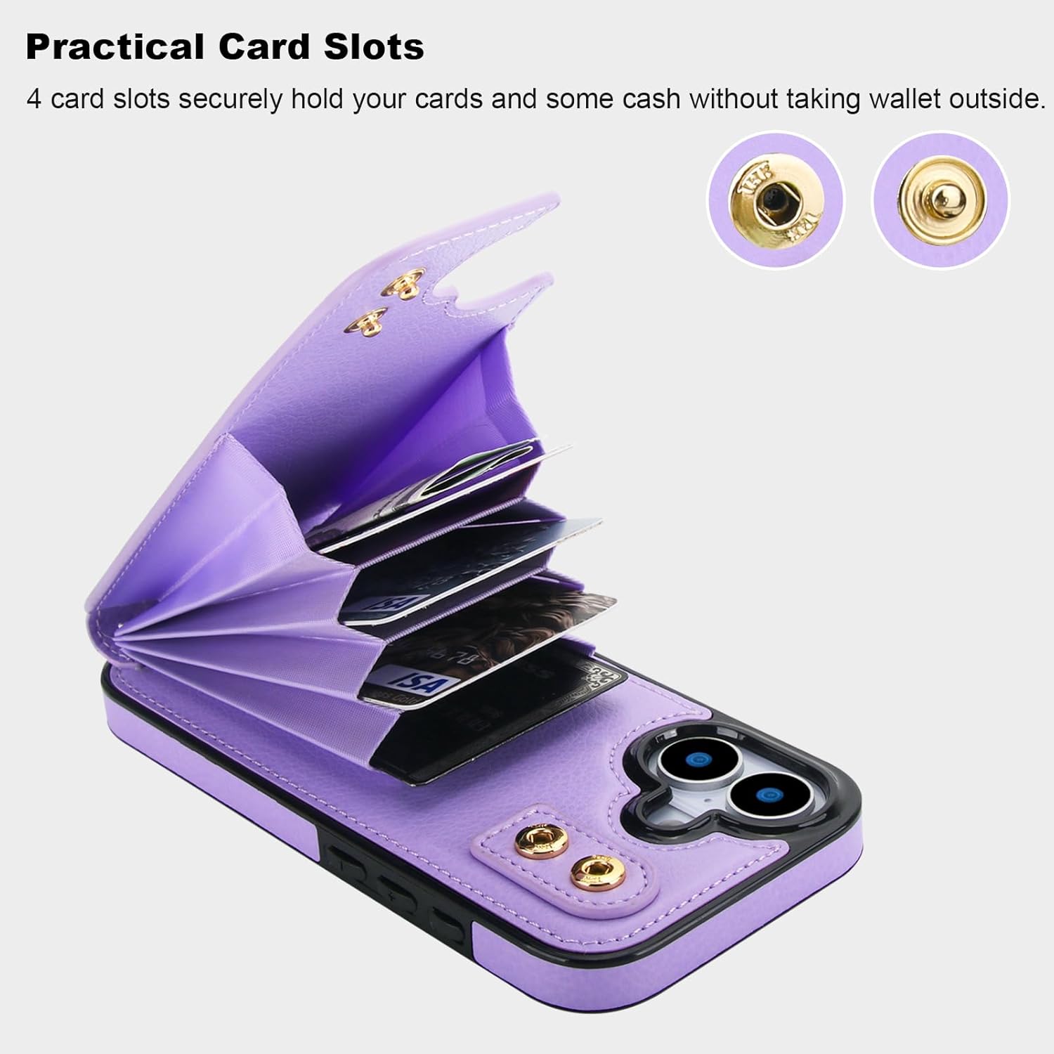 Folosu Compatible with iPhone 17 Case Wallet with Card Holder, 360°Rotation Finger Ring Holder Kickstand, RFID Blocking Leather Protective Double Buttons Shockproof Cover 6.3 Inch Purple - Image 4