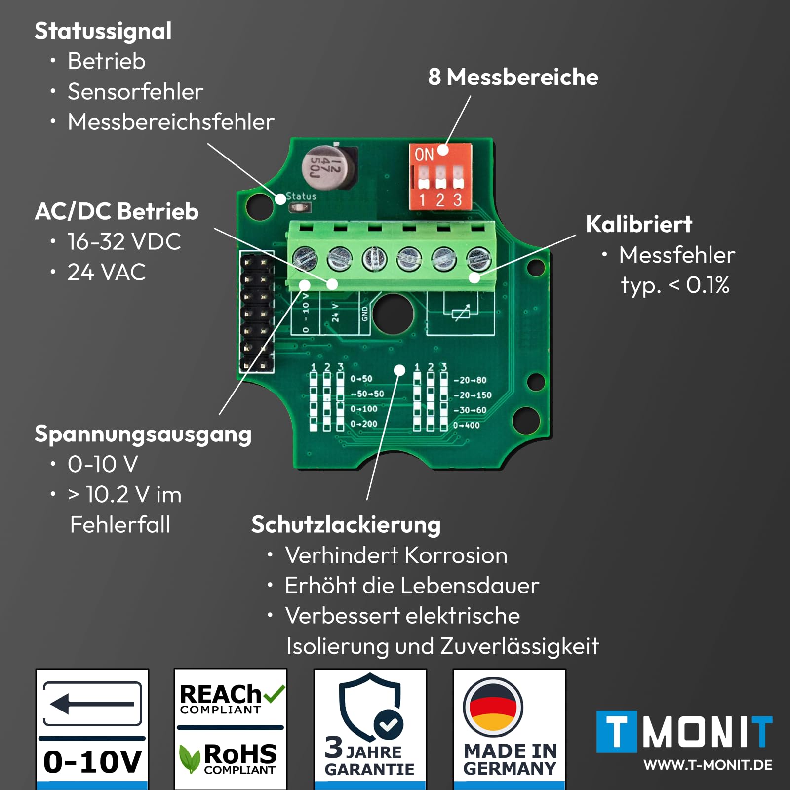 Transducteur de température extérieure 0-10 V ou 4-20 mA | Plage de mesure réglable | Fabriqué en Allemagne | Réponse rapide | Capteur PT1000, IP65, industrie, chauffage, ventilation