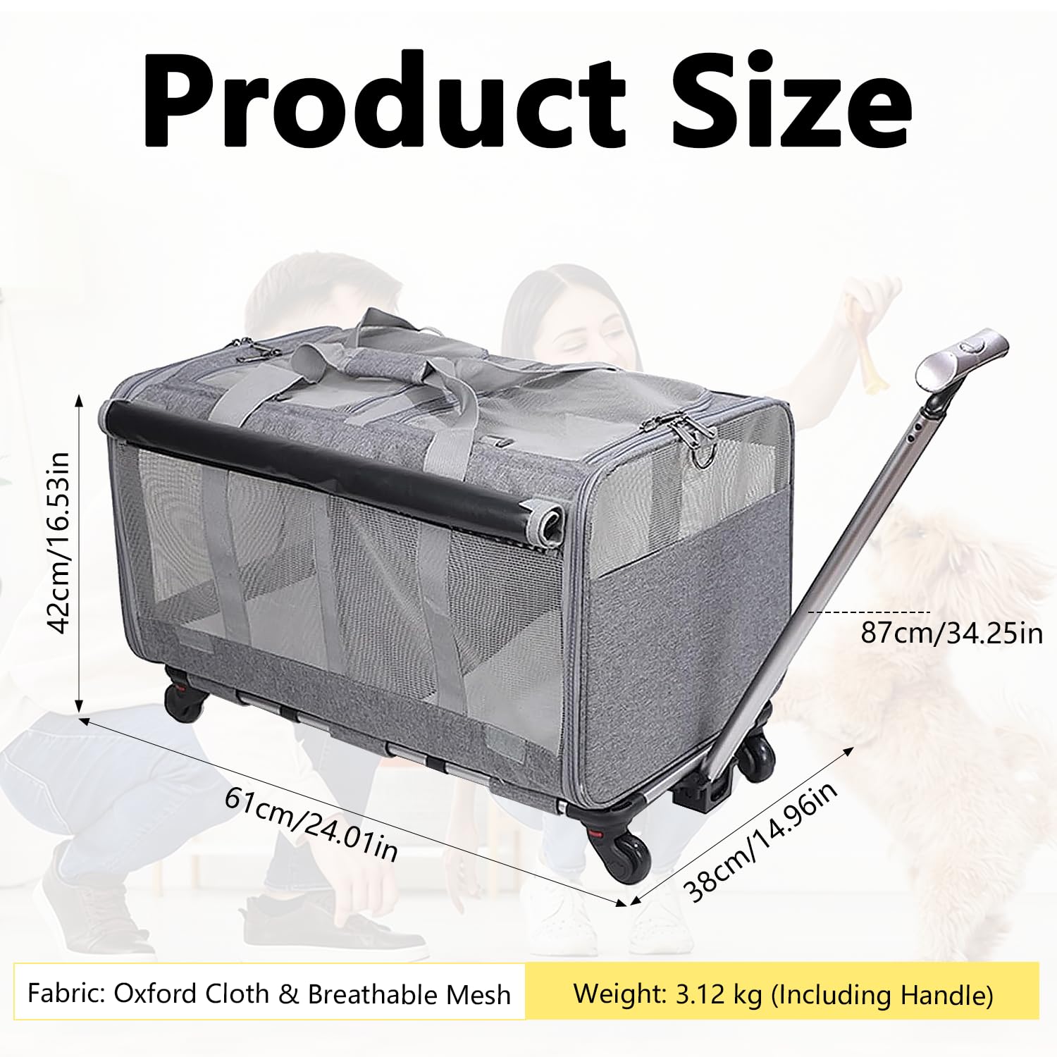 Sac de transport à roulettes pour chat, double compartiment, pour 2 chats et petits chiens, charge jusqu'à 16,3 kg, idéal pour les voyages, la randonnée, le camping, gris