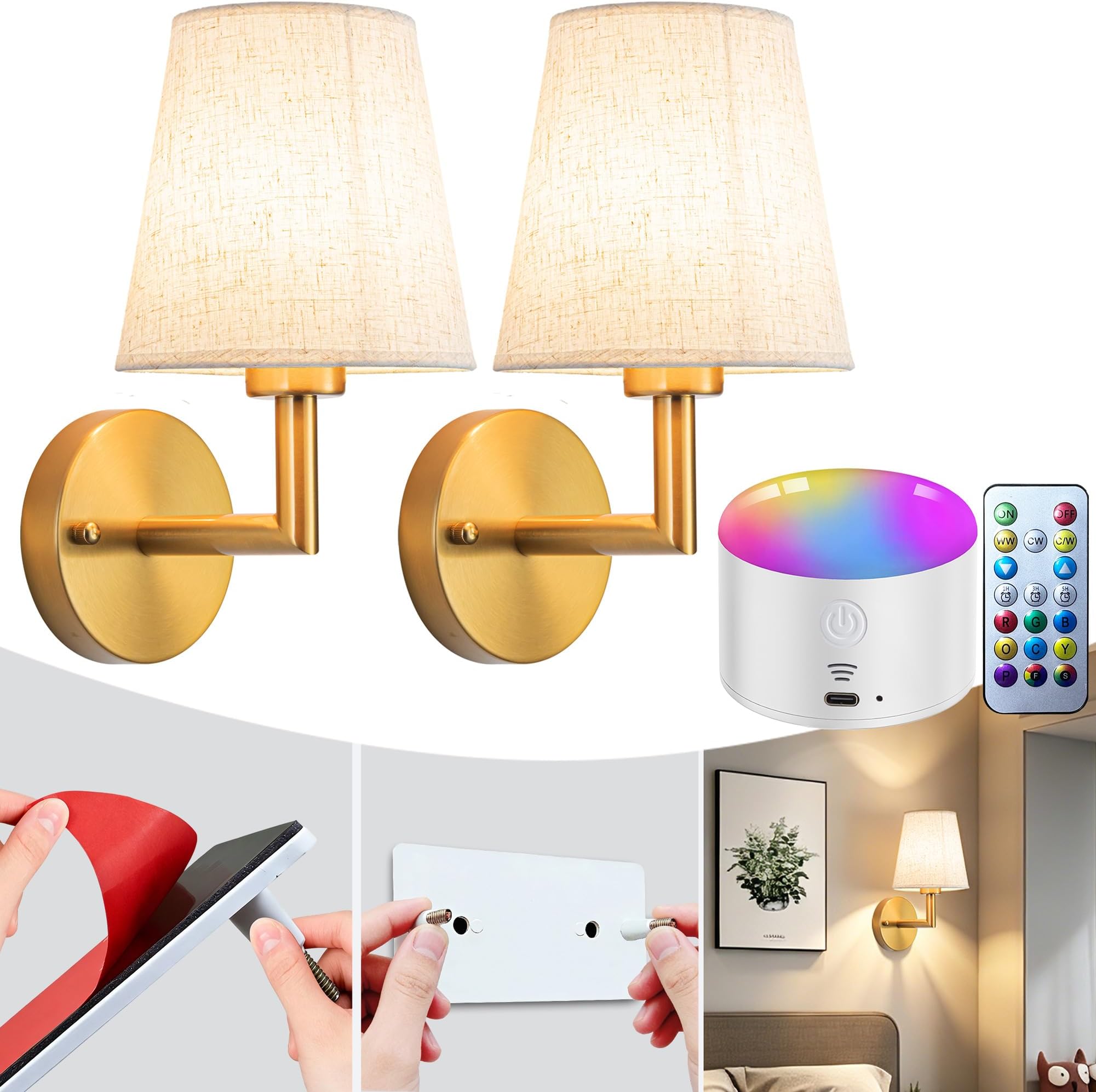 Wall Sconce Battery Operated Wall Light Fixure with Remote Control, Dimmable Battery Operated Wall Sconces Set Of Two, Indoor Wireless Wall Mounted Lamp with Rechargable Bulb For Bedroom Living Room (