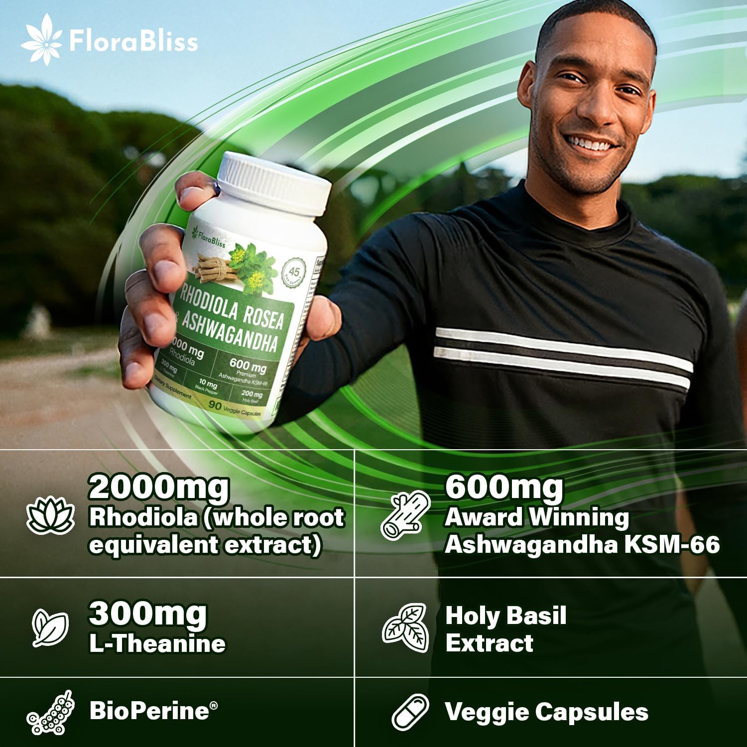 FloraBliss Rhodiola Rosea with Ashwagandha KSM-66, L-Theanine, Holy Basil & Black Pepper - 90 High Potency Vegan Capsules - 45-Day Supply