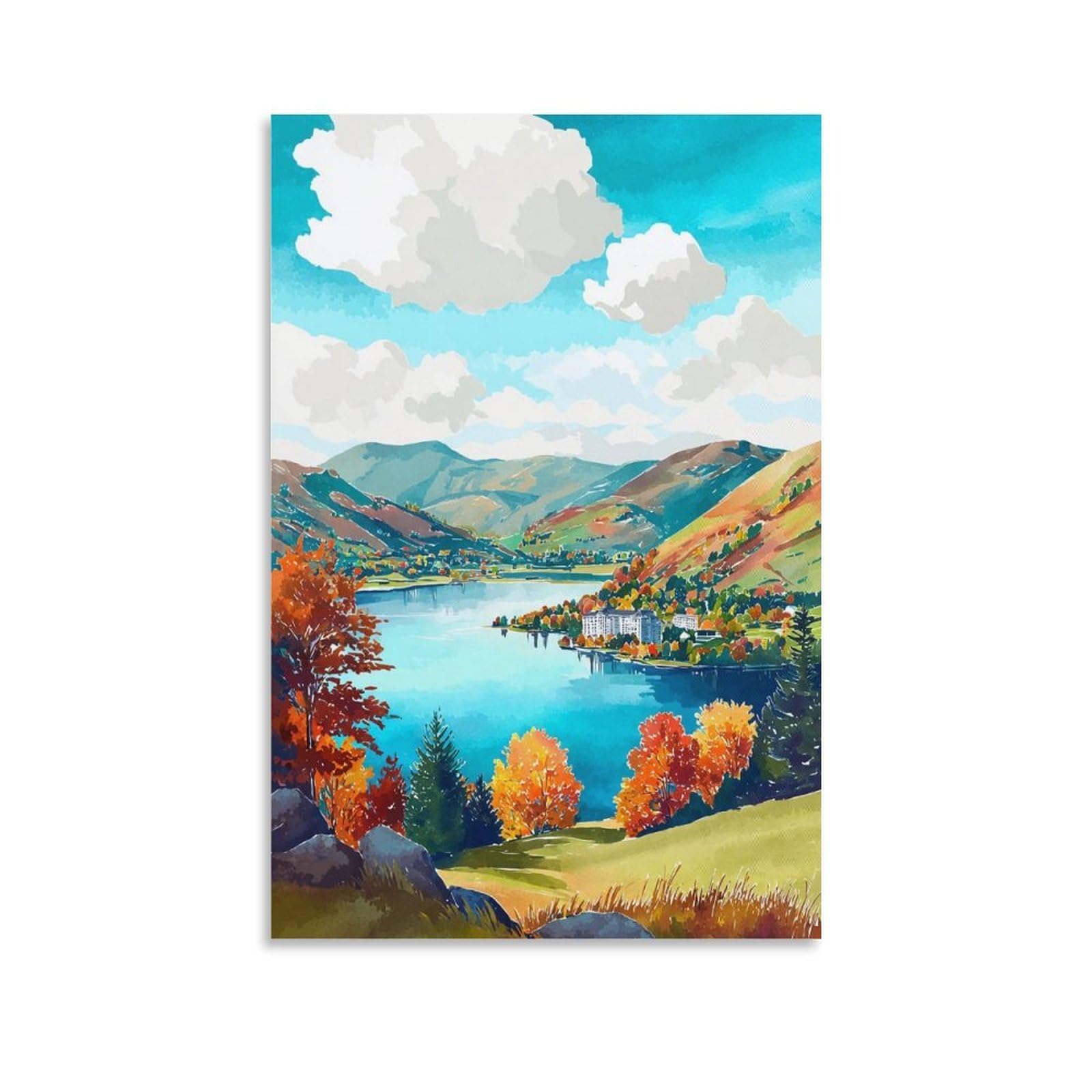 CTZIKWW Grasmere Lake District 12x18inch(30x45cm) Vintage Watercolor Canvas Wall Art