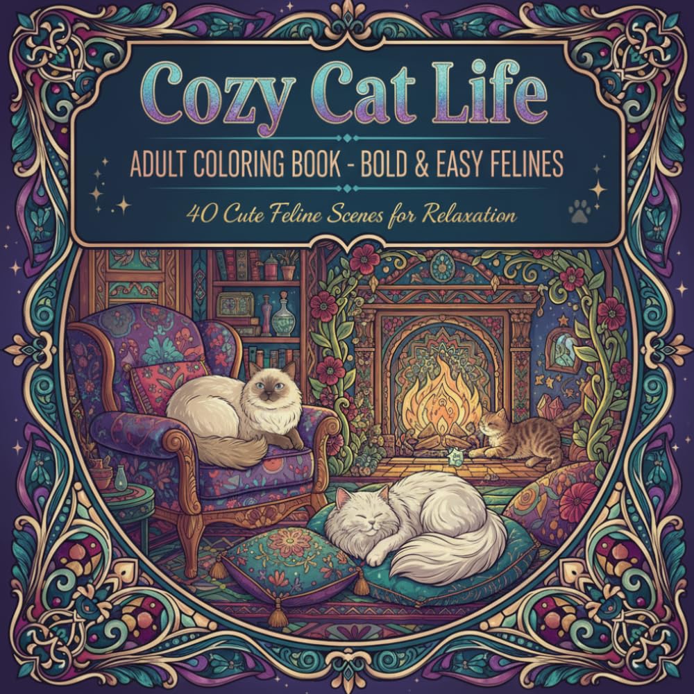 Cozy Cat Life: Bold & Easy Coloring Book for Adults: 40 Cute Feline Scenes for Relaxation
