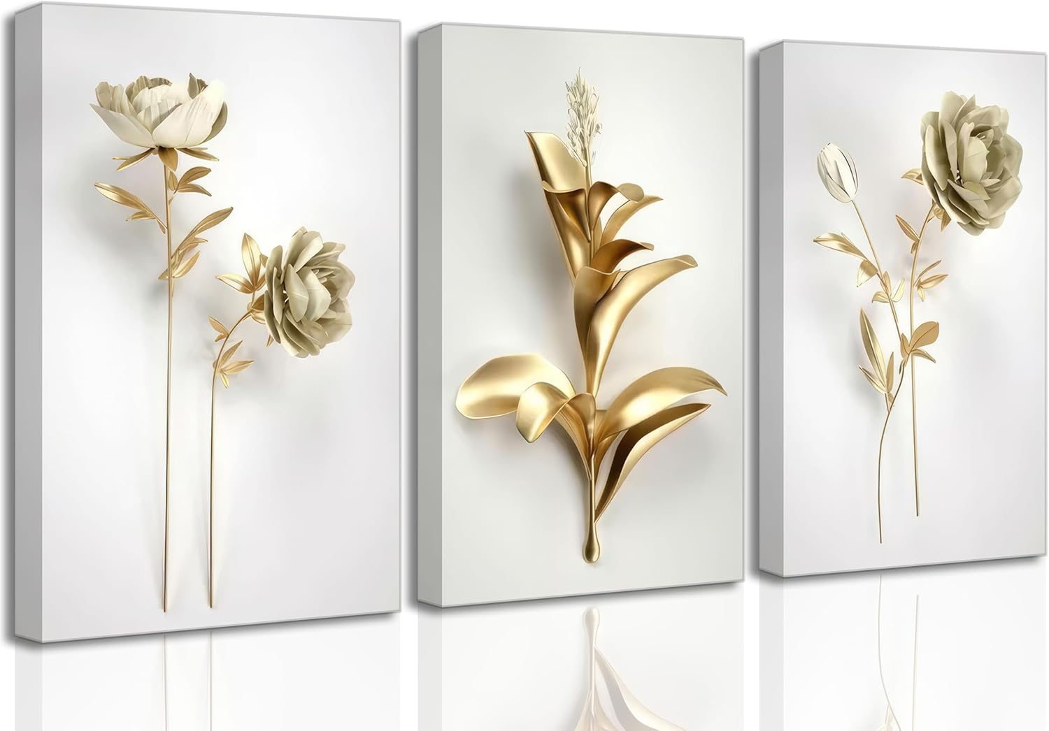 3Pcs Abstract Golden Flower Canvas Wall Art Modern Luxury Minimalism Nordic Floral Plant Painting Picture Wall Decor Poster Print Artwork for Living Room Bedroom Home Decoration