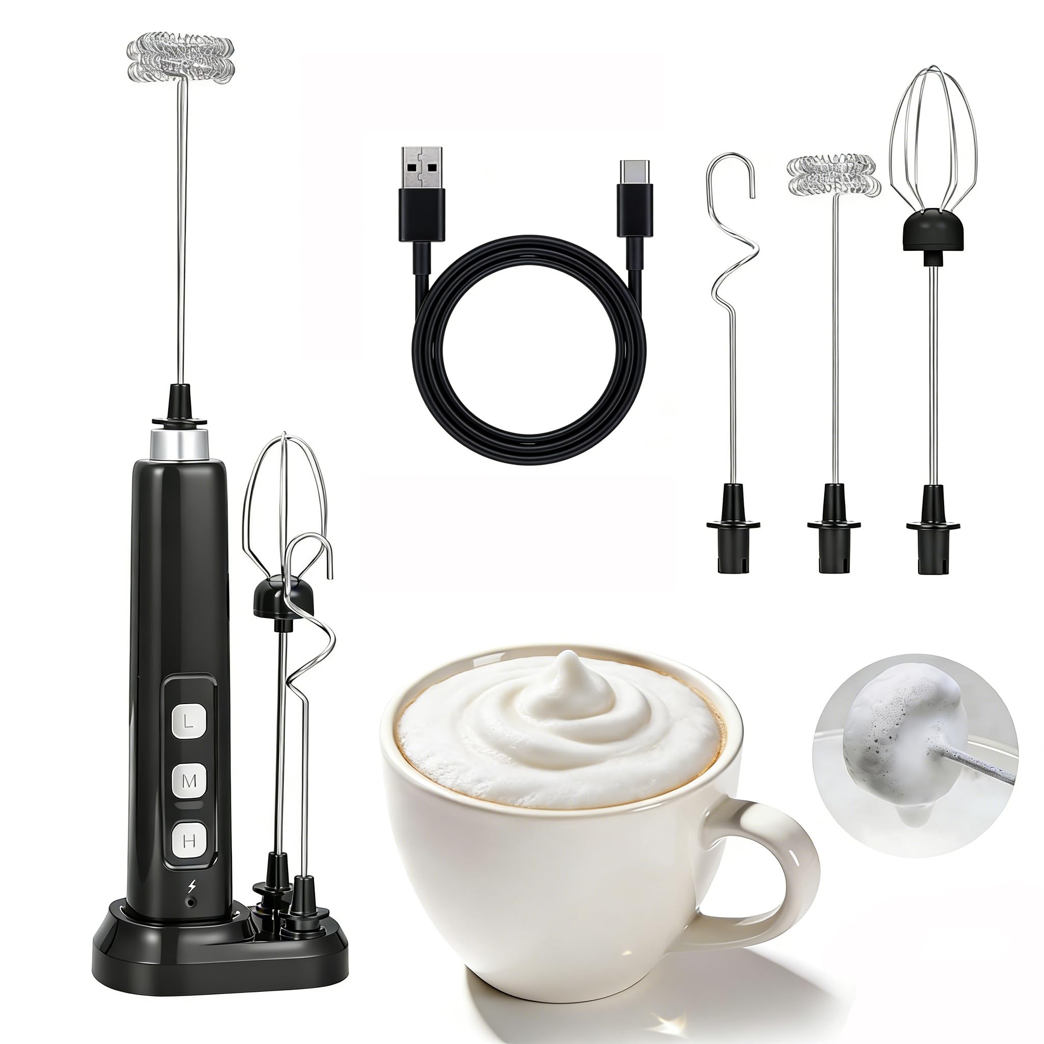 Mr.Van Milk Frother Handheld, Rechargeable Electric Milk Foam Maker Egg Beater, Drink Mixer Whisk with Charging Base for Cappuccino, Coffee, Latte, Matcha, Hot Chocolate, Protein Powder