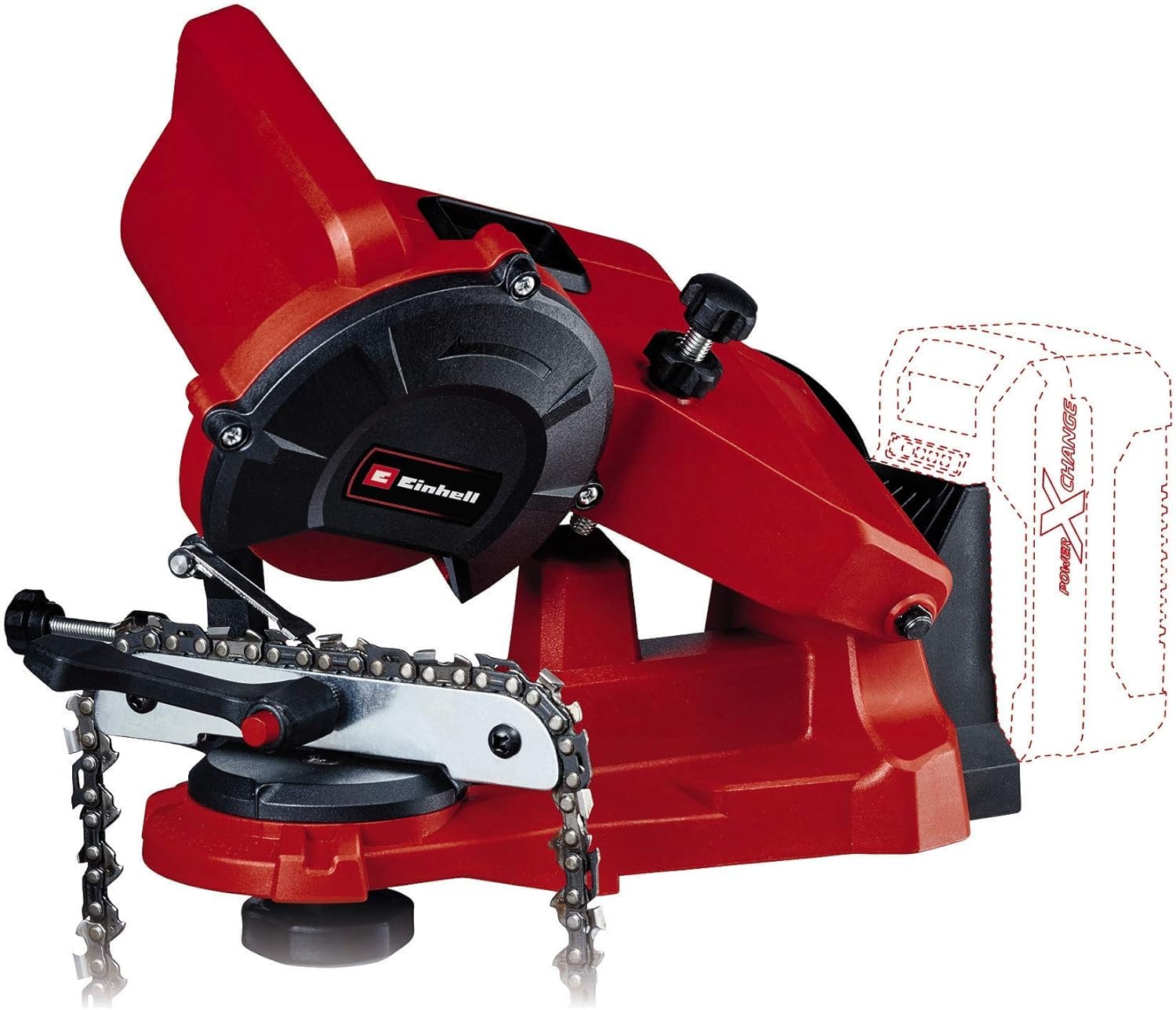 Einhell 4499940 Afilador de cadenas + 4512042 Kit con Cargador y batería de repuest, tiempo de carga: 60 Minutos