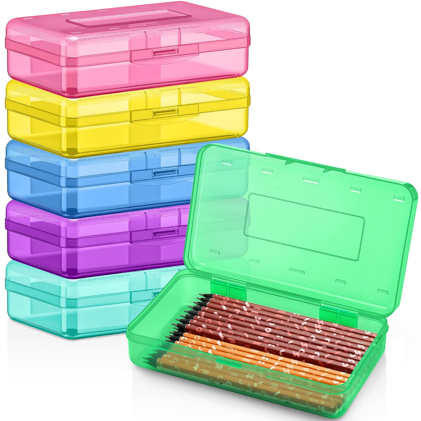 Blulu Confezione da 6 astucci in plastica trasparente, per matite e matite, con coperchio, chiusura a scatto, organizer per pennarelli, grande capacità, per forniture per ufficio (multicolore)