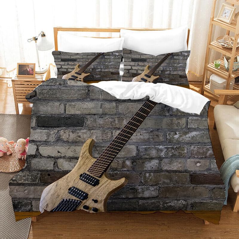 Housse de couette 140x200 cm lavable sans repassage motif guitare grise 3D