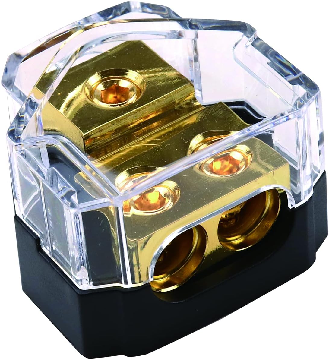 2 Way Power Distribution Block for Car Audio Splitter,1 X 0/2/4 Gauge in / 2 X 4/8 Gauge Out Gold