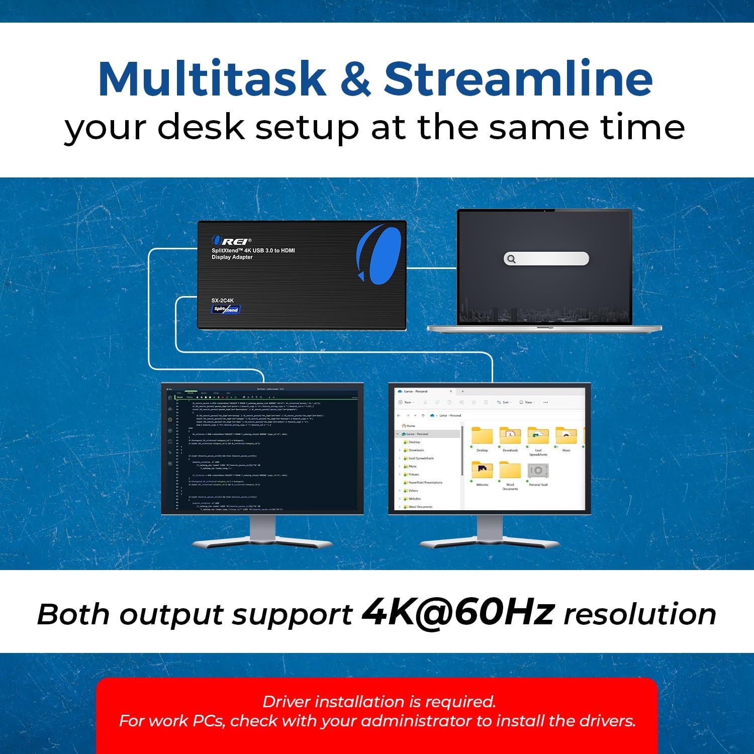 OREI SplitExtend 4K HDMI Splitter Extended Display for Dual Monitor - Multi-Monitor Display 3 Separate Screens - USB A & USB-C Adapter to HDMI 2.0, 4K@60hz, DisplayLink Driver MacOS, Windows