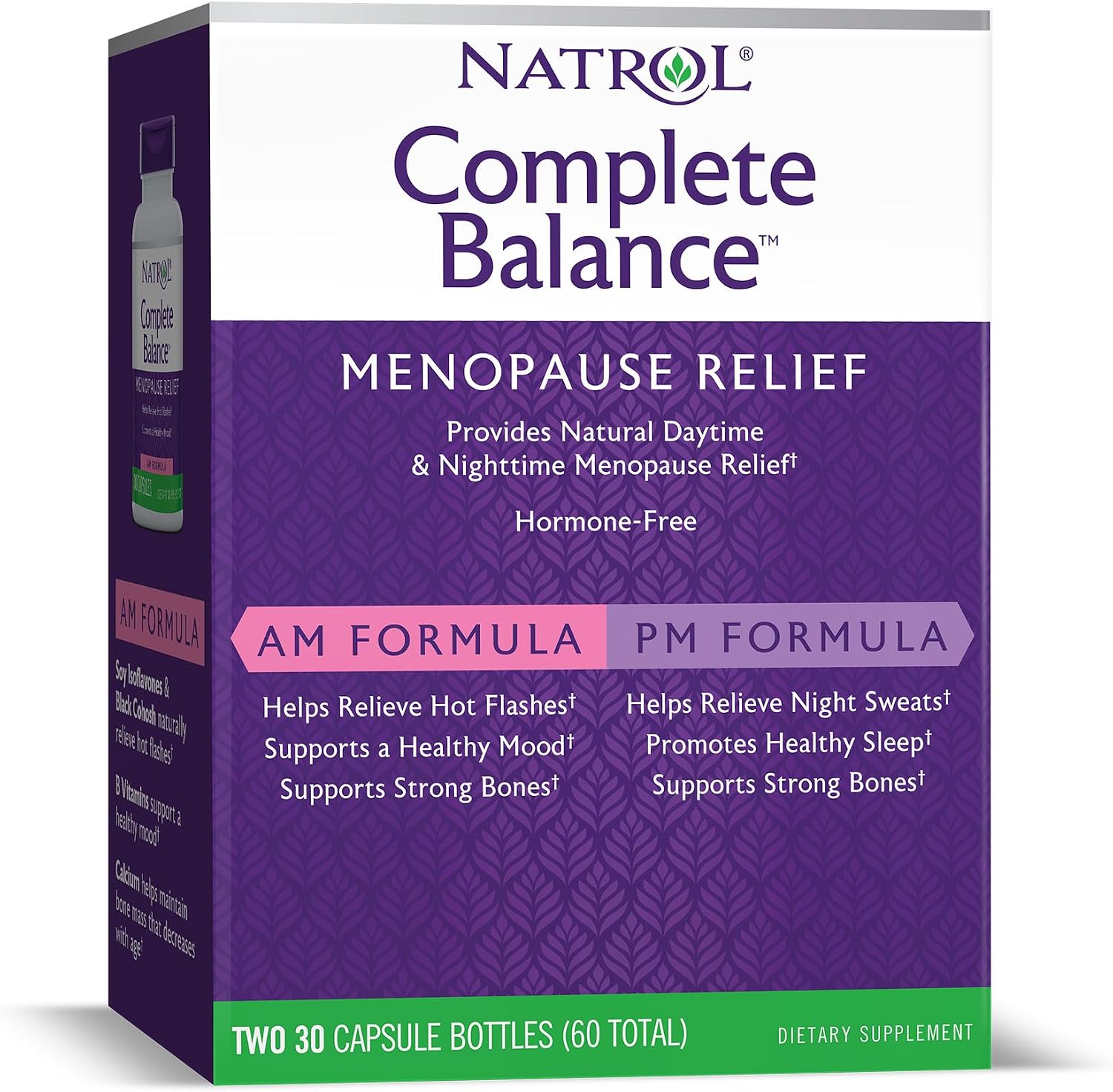 Natrol Complete Balance A.M./P.M. Capsules for Menopause Relief, Helps Relieve Hot Flashes and Night Sweats, Provides Mood Support, Purple, 30 Count, Pack of 2