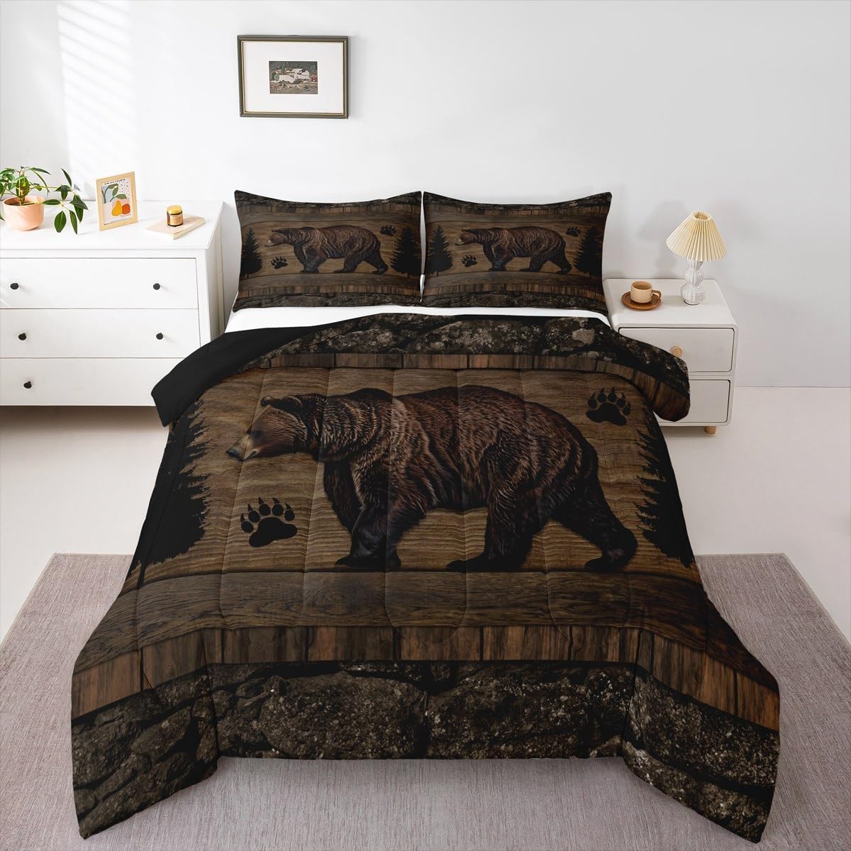 jejeloiu Brown Bear Comforter Set Queen Size Woodland Bear Bedding Set for Kids Boys Girls Rustic Cabin Country Duvet Quilt Animal Bedroom Decor Wild Animal Microfiber 3 Pcs with 2 Pillow Cases