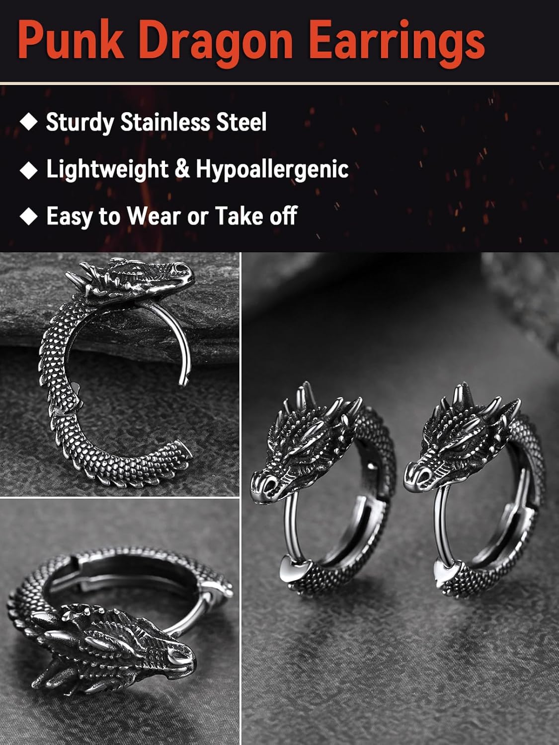 FaithHeart Viking Animals Huggie Hoop Earrings for Men, Gothic Dragon/Snake/Dinosaur/Wolf Earrings Stainless Steel Hypoallergenic Lightweight Stud Earrings Mens Punk Rock Jewelry Gift - Image 5