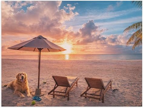 Shiartex Golden Retriever Beach Sunset Canvas Wall Art, Dog Coastal Theme Wall Decor for Living Room Bedroom Bathroom Office Home Decor, 16x12 Inch