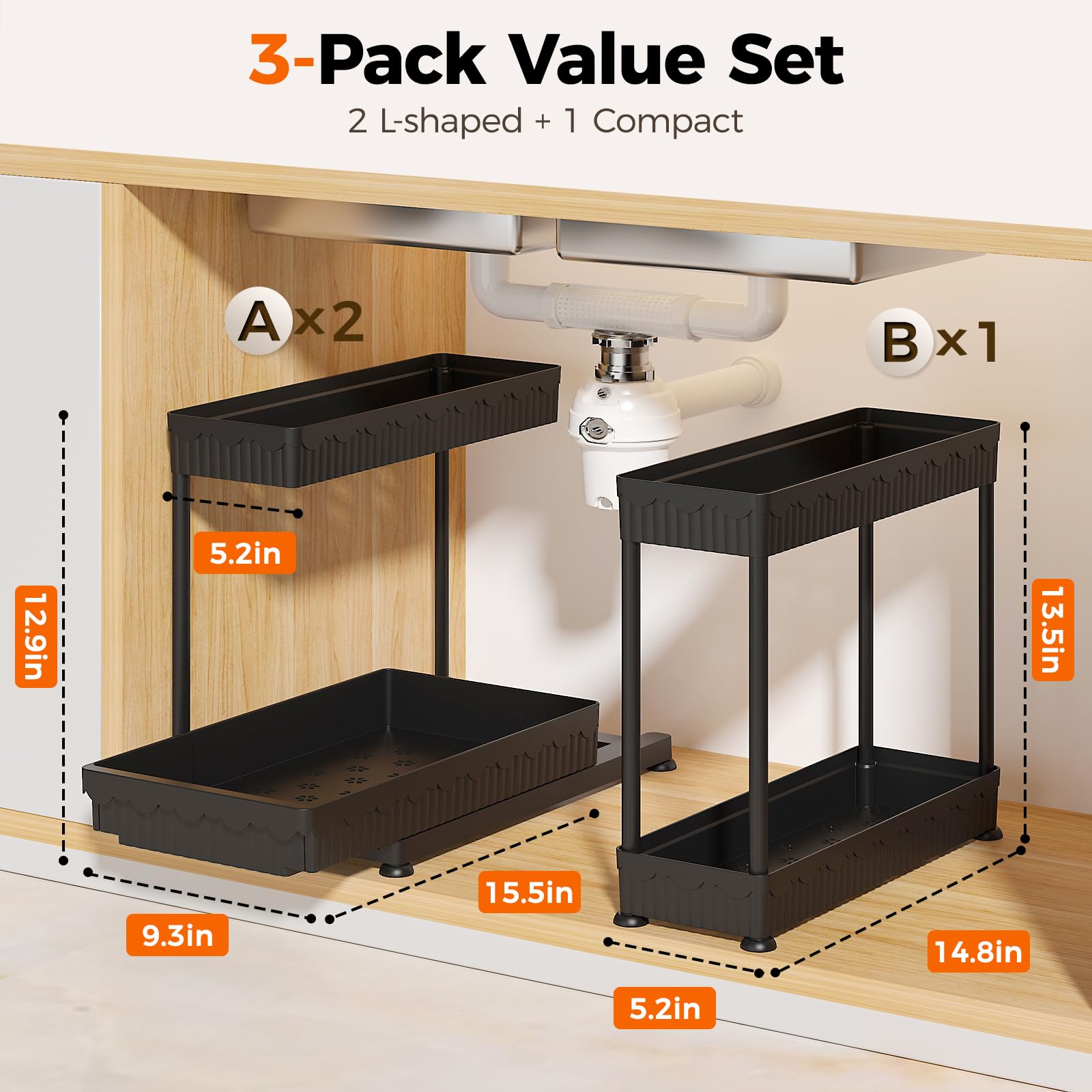 Sevenblue Paquete de 3 organizadores de almacenamiento extraíbles multiusos, organizadores de 2 niveles en forma de L para debajo del fregadero/armario y almacenamiento para baño y cocina, (negro