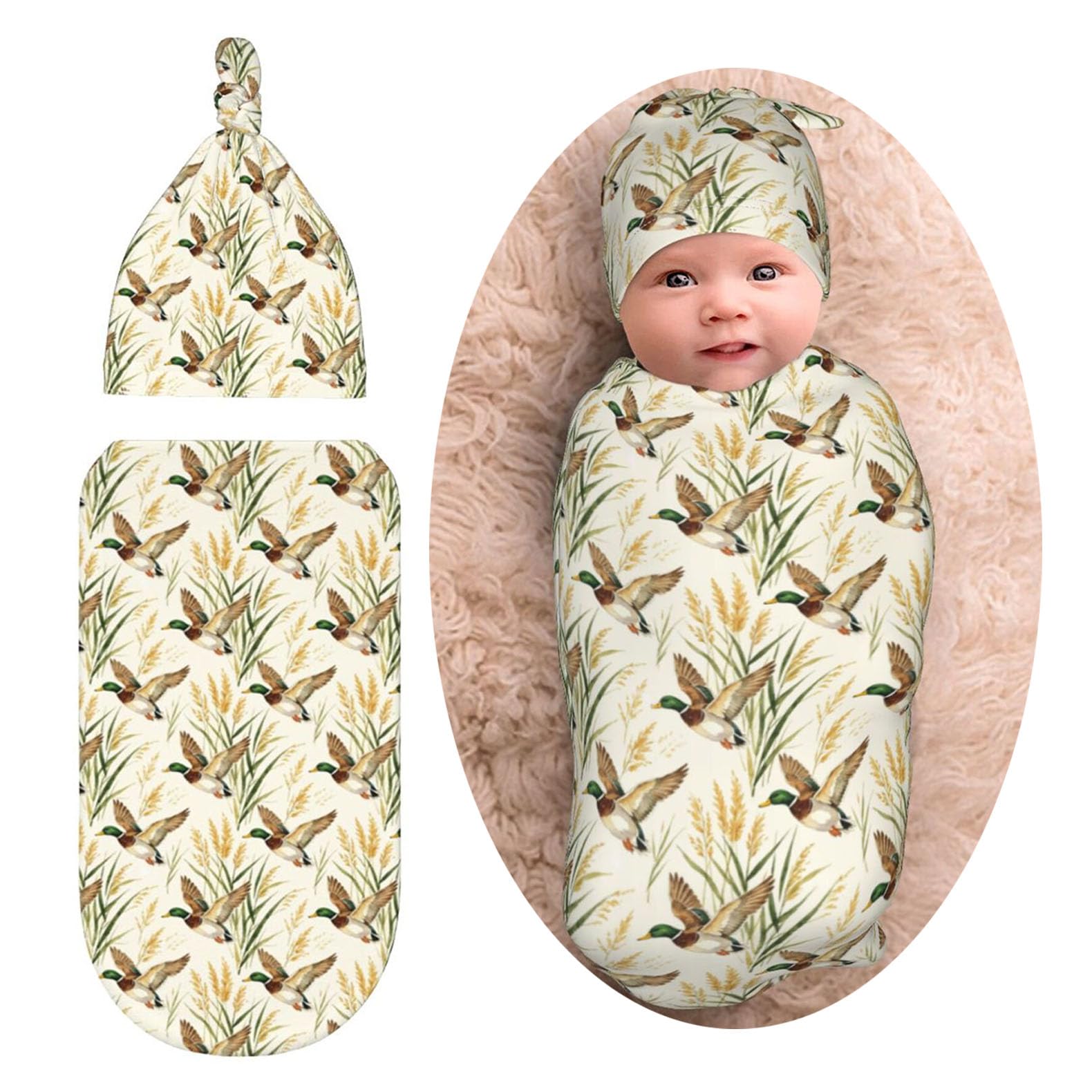 Mallard Ducks Flying Newborn Baby Swaddle Blanket Baby Stuff,with Beanie hat Sets, Soft Gifts for Unisex Boys Girls Shower Infant