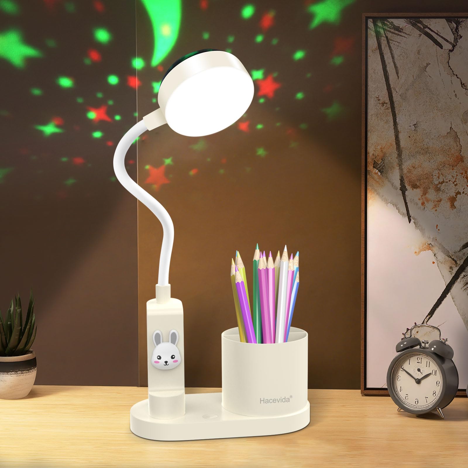 Hacevida LED Kinder Schreibtischlampe mit Automatischem Farbwechsel & Stifthalter, 2000mAh Kawaii Dimmbare Tischlampe für Jungen/Mädchen - Nachttisch- und Leselampe Weiß