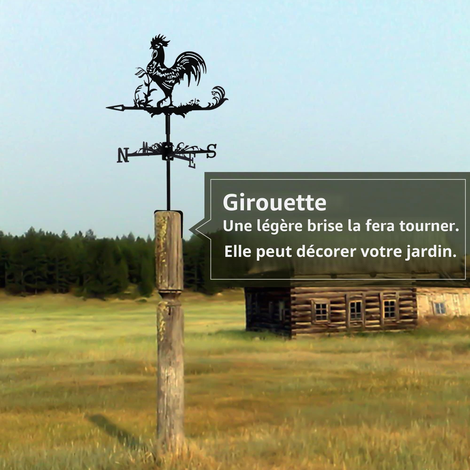 Girouette en acier inoxydable - Coq en métal - Indicateur de direction du vent - Scène de ferme pour toit extérieur, jardin, cour, décoration de ferme (roster)