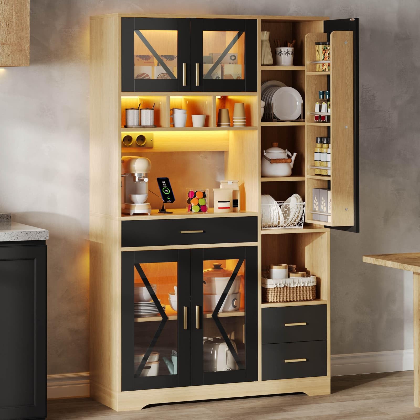 KOMHTOM Buffet de Cuisine Haut 105 cm Style Ferme, Vaisselier avec Prises, LED et Rangement pour Épices, 3 Tiroirs et Portes en Verre, Noir/Bois(2-Style Ferme & Épices (105cm) - Noir/Bois)