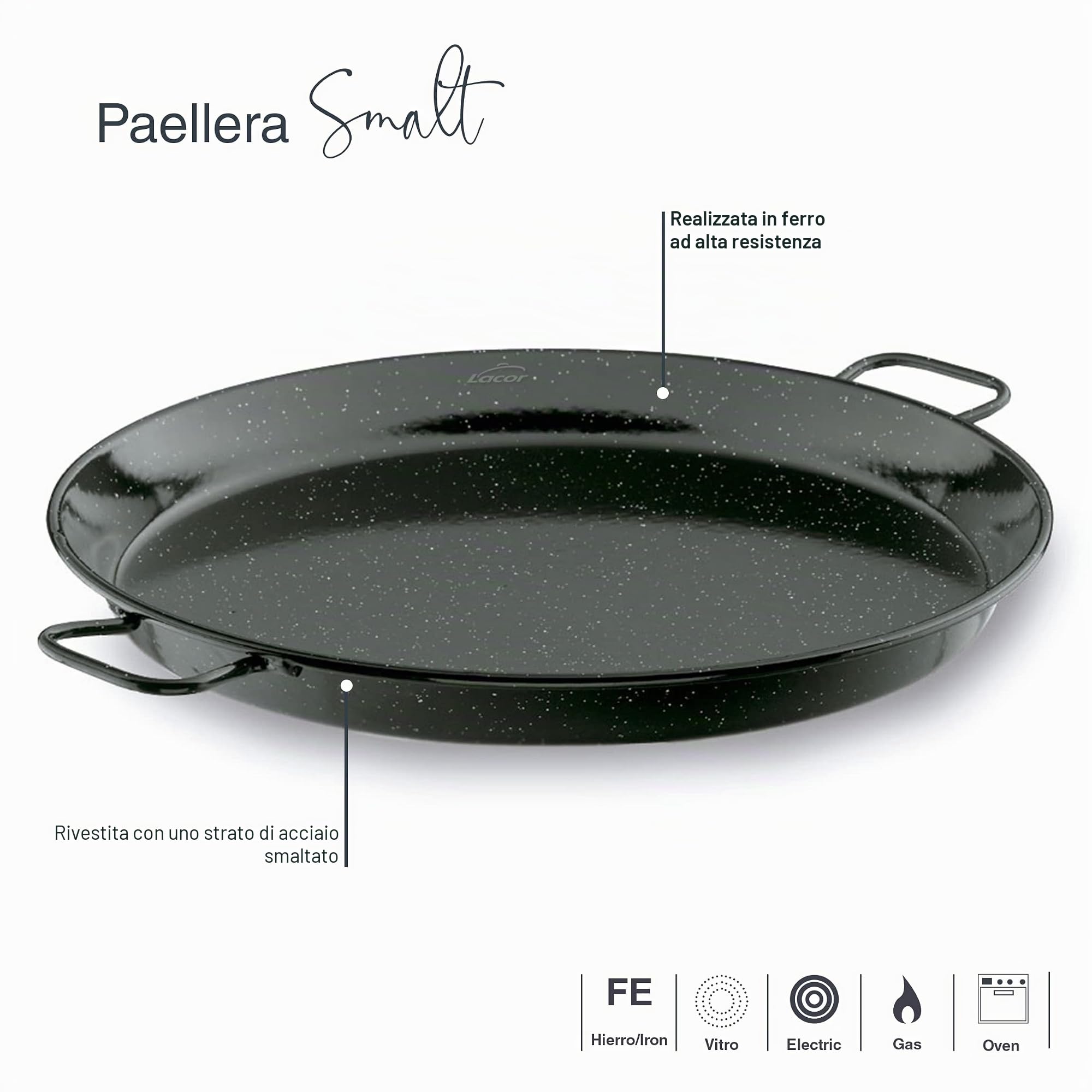 Lacor 60186 - Padella per paella in ferro smaltato | Rivestimento antiaderente privo di PFOA; distribuzione ottima del calore per una cottura omogenea senza fatica
