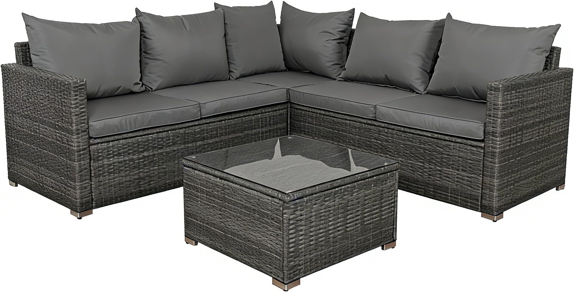 Panana 5 Seater Rattan Garden Furniture Corner Sofa Set with Coffee Table, Outdoor Patio Lounge Set with Cushions & Free Cover for Garden, Conservatory, Terrace (Mixed Grey Rattan with Grey Cushions)