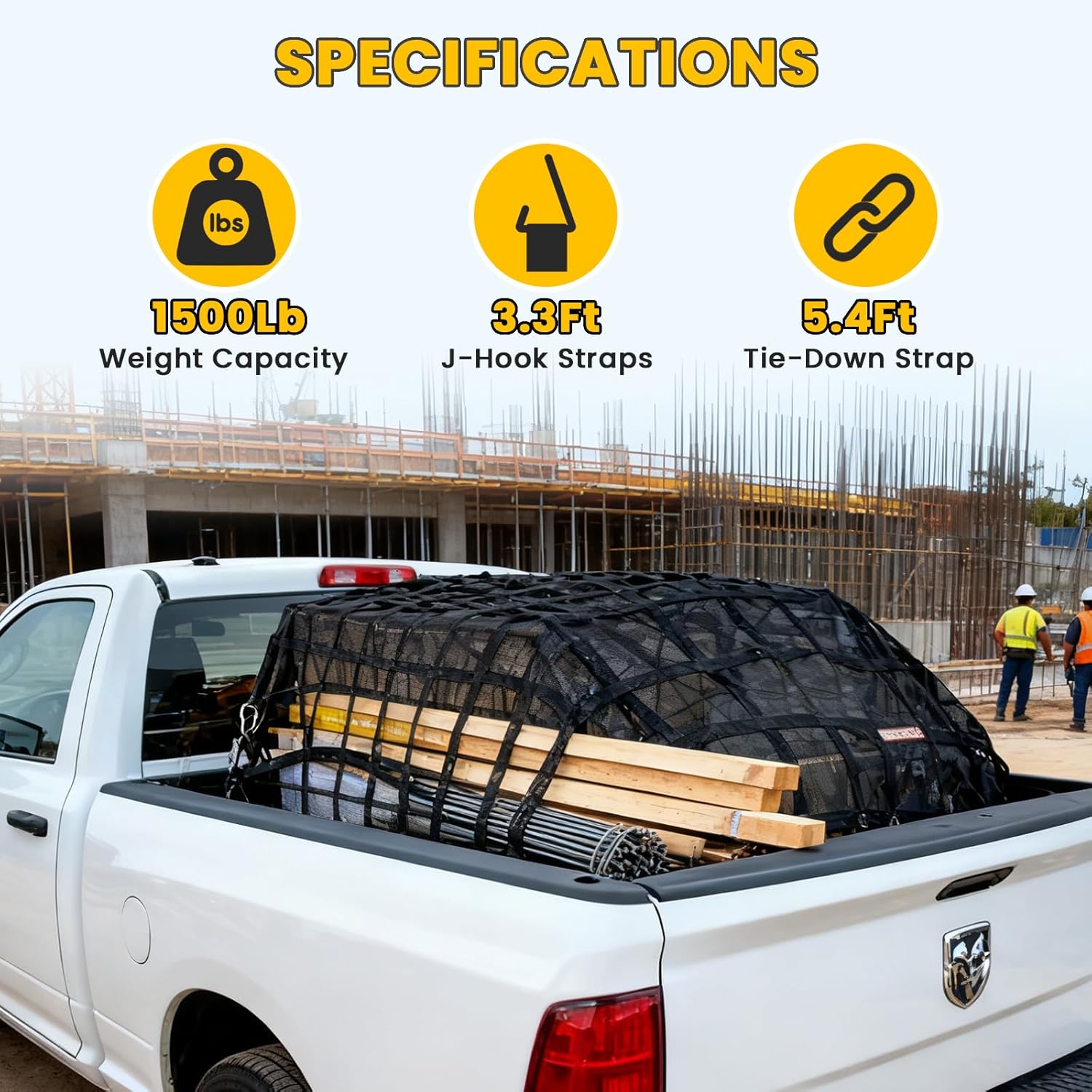 Cargo Net for Pickup Truck Bed, 4.8' x 6' Truck Bed Net, Heavy Duty Pickup Cargo Nets Safety Mesh Net with Cam Buckles & S-Hooks & Cross Straps