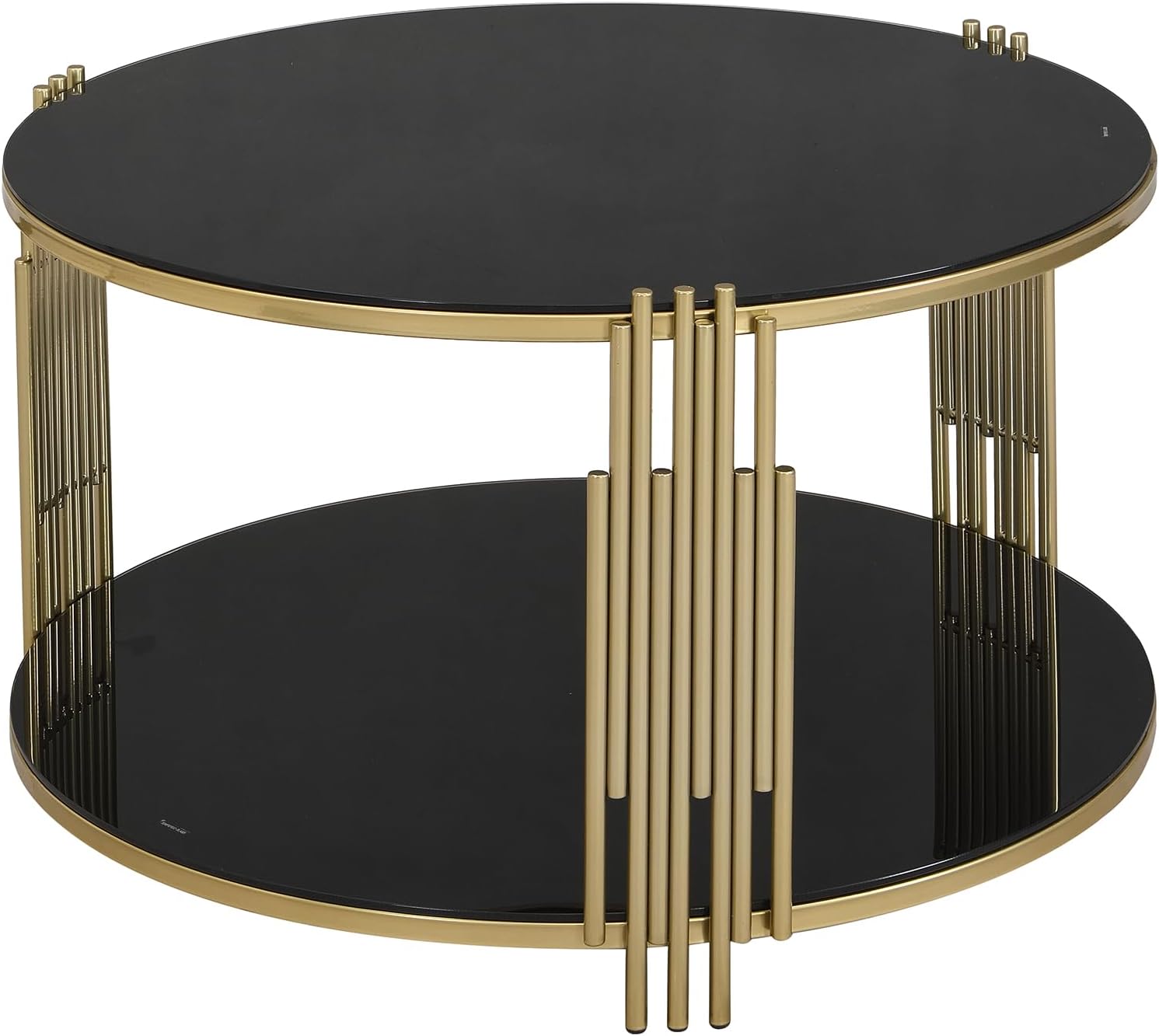 kevinplus 31.5'' Tempered Glass Round Coffee Table for Living Room, 2-Tier Modern Circle Coffee Table, Black Mirror Tabletop & Metal Drum Base, Easy Assembly, Black & Gold