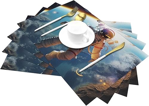 Miniatura 6 de 6 PCS PVC Placemats Set Place Mats Astronaut Flying on Planet Non-Slip Weave Place Mats 12" x 18" Farmhouse Table Mat Set for Family Dinners Wedding