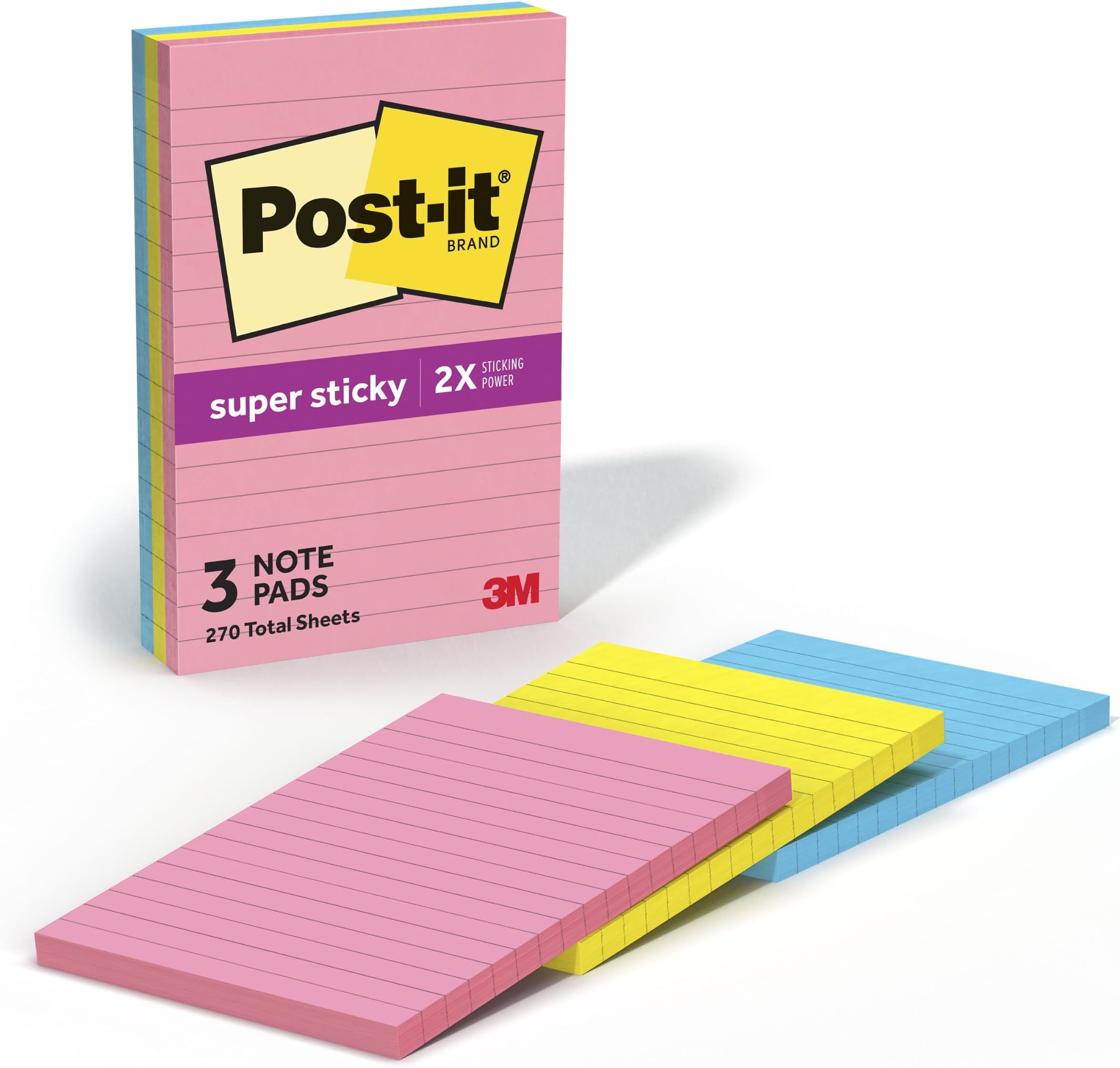 Post-it Super Sticky Notes, 4 x 6 in., Neon Fizz, 3 Lined Pads