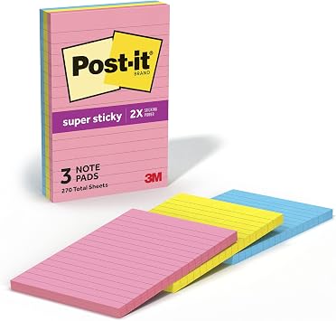 Post-it Super Sticky Notes, 4 x 6 in., Neon Fizz, 3 Lined Pads