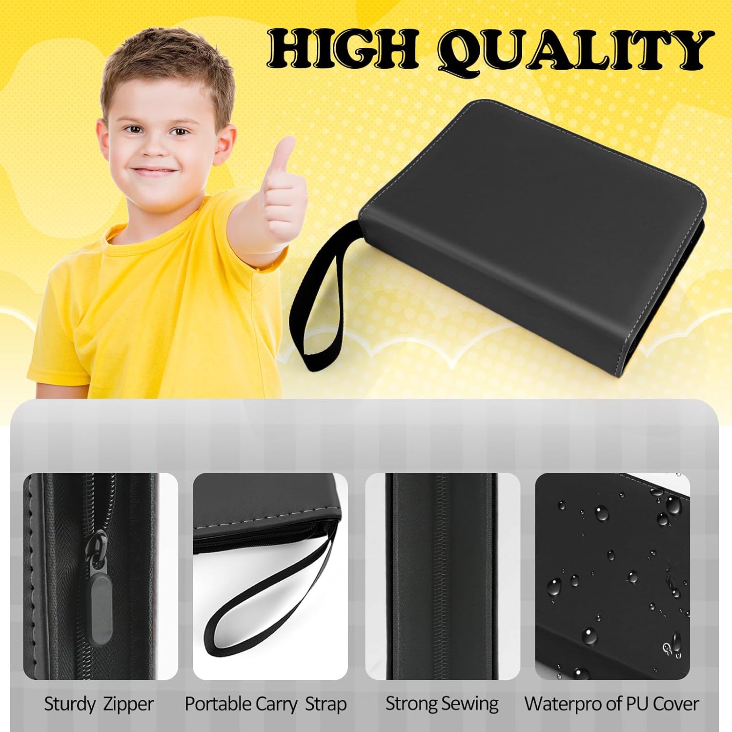 4 Pockets Trading Card Binder, 400 Card Holders with 50 Removable Sleeves, Portable Card Binder Album with zipper, Card holder Book for Game, Sport Collection (Black)