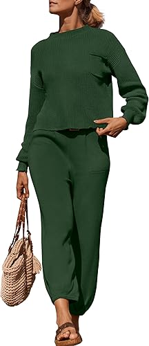 Miniatura 1 de ZESICA Conjunto de 2 piezas de suéter de manga larga con cuello alto falso para mujer, sudadera de punto con pantalones de cintura alta, conjuntos