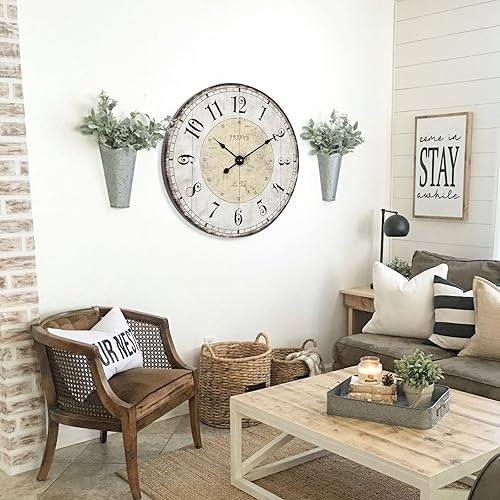 Miniatura 6 de MODE HOME Reloj de pared grande de 24 pulgadas, relojes de pared redondos rústicos para decoración de sala de estar, reloj silencioso sin tictac a