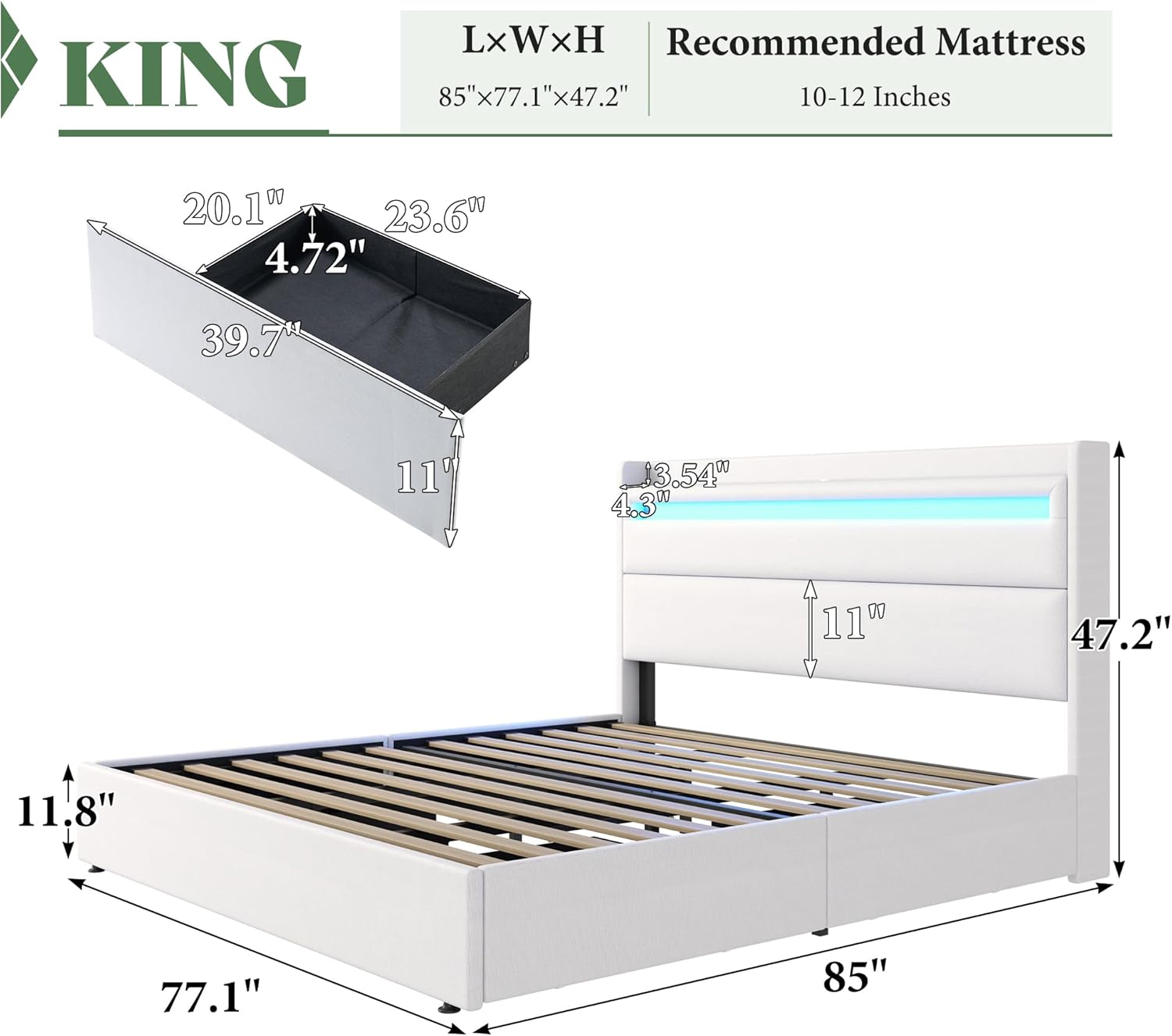 AMERLIFE King Size Upholstered Platform Bed Frame with RGBW LED Storage Headboard, 4 Foldable Storage Drawers & Charging Station, Soft Linen Fabric, No Box Spring Needed, White