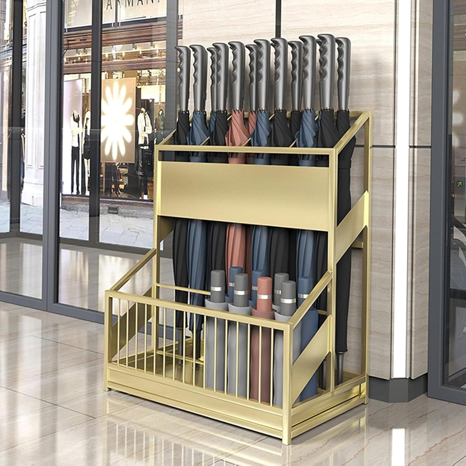 Metal Umbrella Stand with Drip Tray Commercial Grade for Hotels Schools Cafes Holds up to 30 Umbrellas Gold Color
