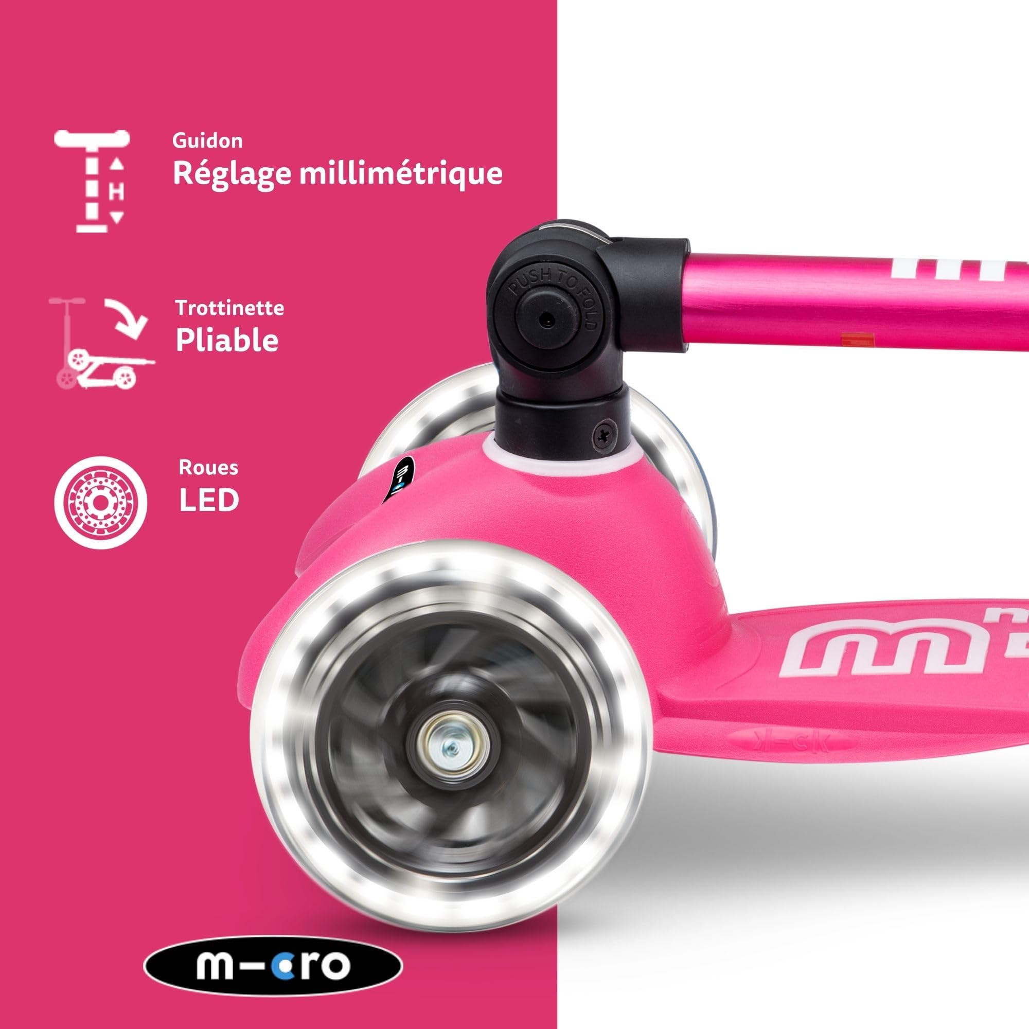 Micro, Mini Micro Deluxe Pliable LED, Trottinette Enfant 3 Roues, 2 à 5 Ans | Direction souple par transfert de poids, Guidon réglable au millimètre, Légère, Roues PU LED à induction, Swiss Design