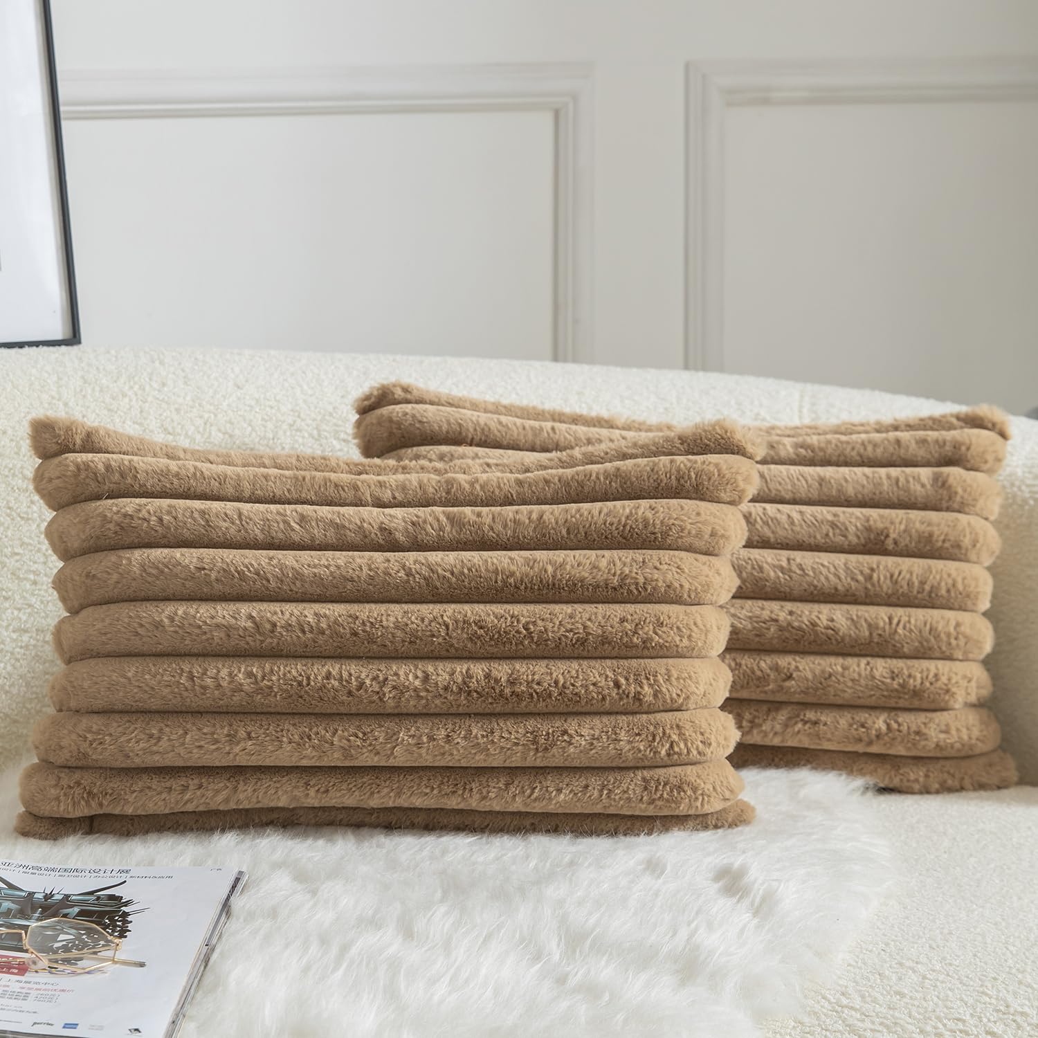 MANDIOO Pack of 2 Decorative Throw Pillow Covers Faux Fur Striped Plush Soft Cushion Covers Pillow Cases Bedroom Living Room Sofa Home 12x20 Inch Camel