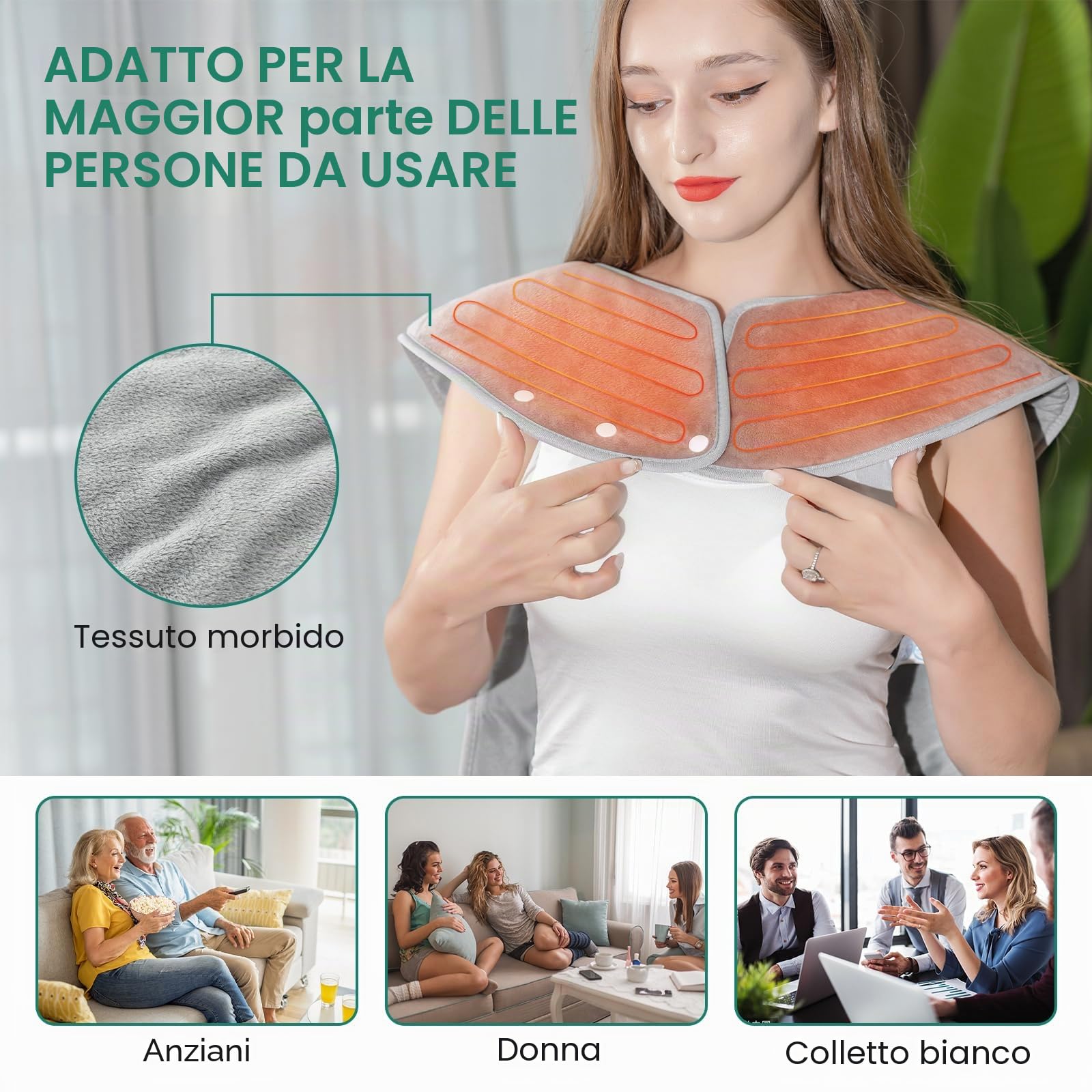 Termoforo Elettrico, 60x100cm Riscaldante per Spalle, Termoforo Cervicale con 6 livelli di riscaldamento, Timer di Spegnimento Automatico 2 ore, Flanella, Lavabile in Lavatrice