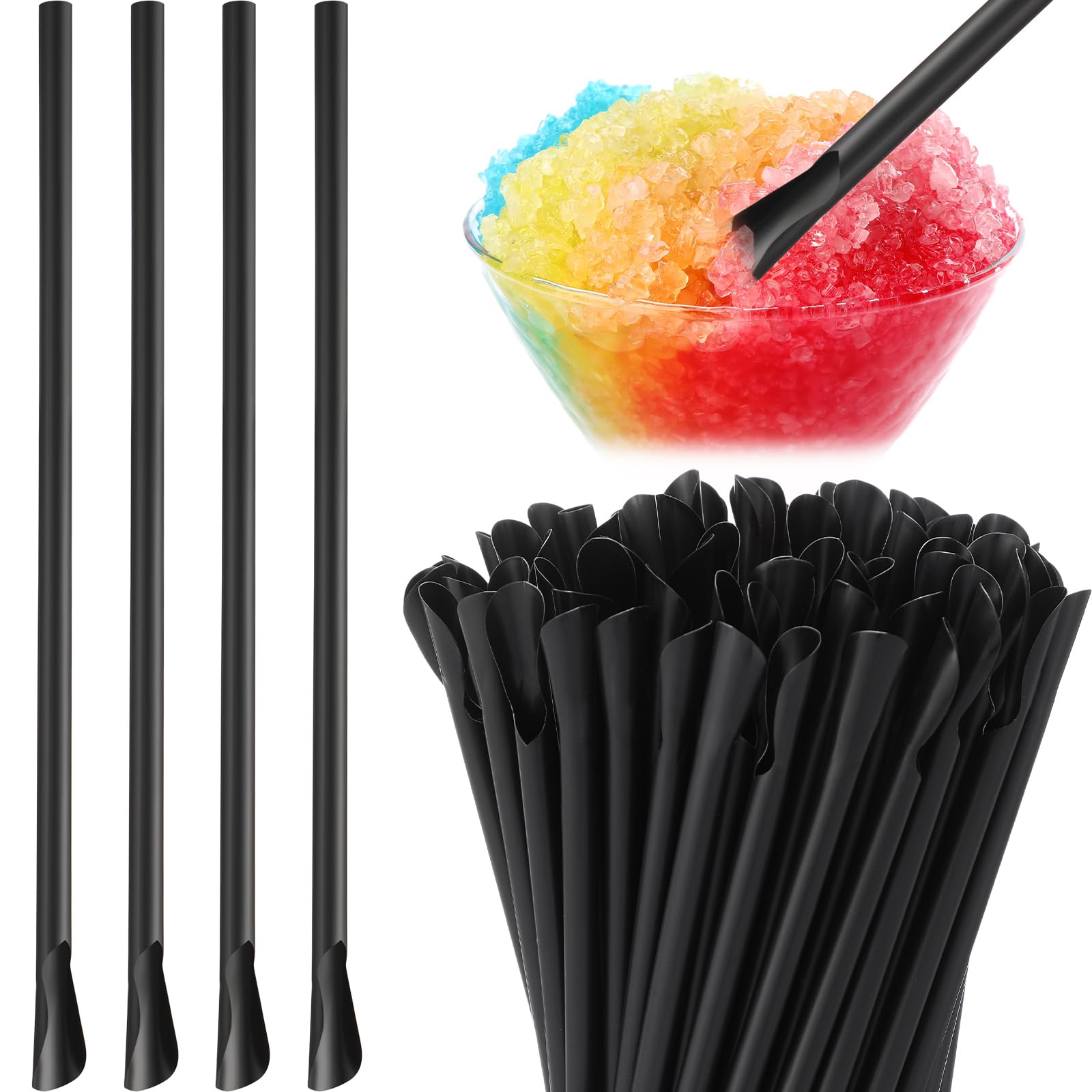 Eaasty 500 Pcs Snow Cone Spoon Straws, Flexible Plastic Flexible Disposable Drinking Straws, Disposable Plastic Sip Stir Sticks (Black)