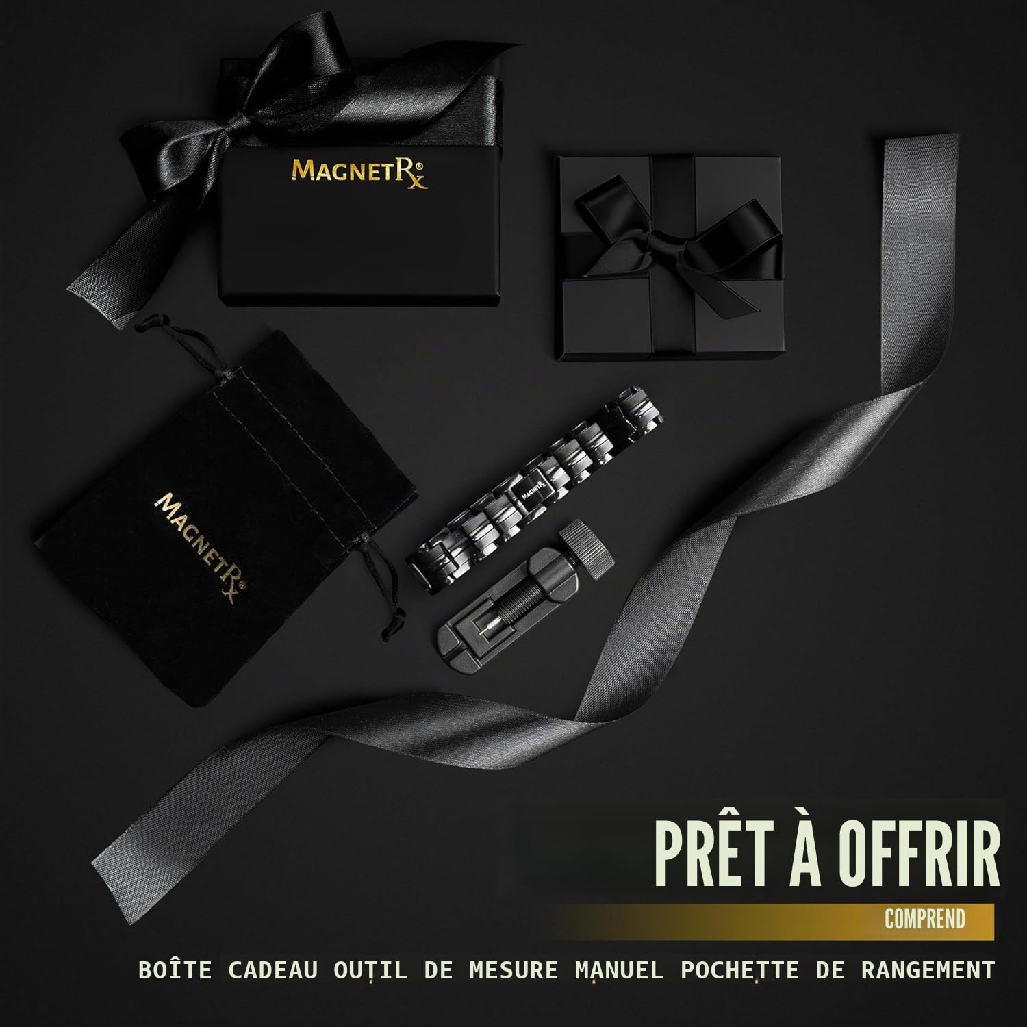 MagnetRX® Bracelet Pour Homme - 48 Aimants Puissant (3500 GAUSS Par Aimant) BijouAimanté Acier Inoxydable Ultra-Résistant - Longueur Réglable Avec Outil De Dimensionnement (Noir)