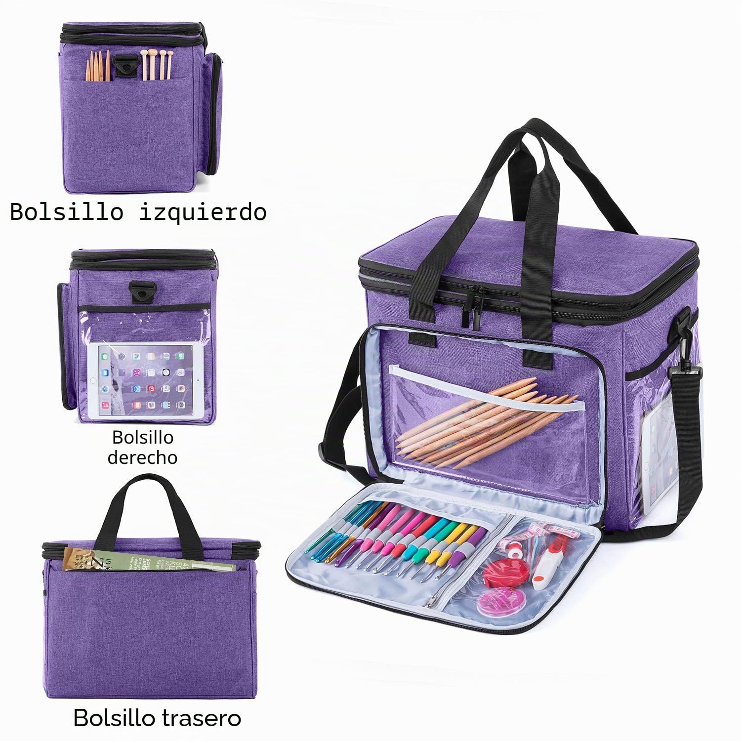 Teamoy Bolsa de Almacenamiento para Lana Adecuada para Transportar Lana de Tejer, Ganchillo y Bolsillos para Accesorios (no Incluye Accesorios), Lilane, Groß mit Nylon-Oberteil
