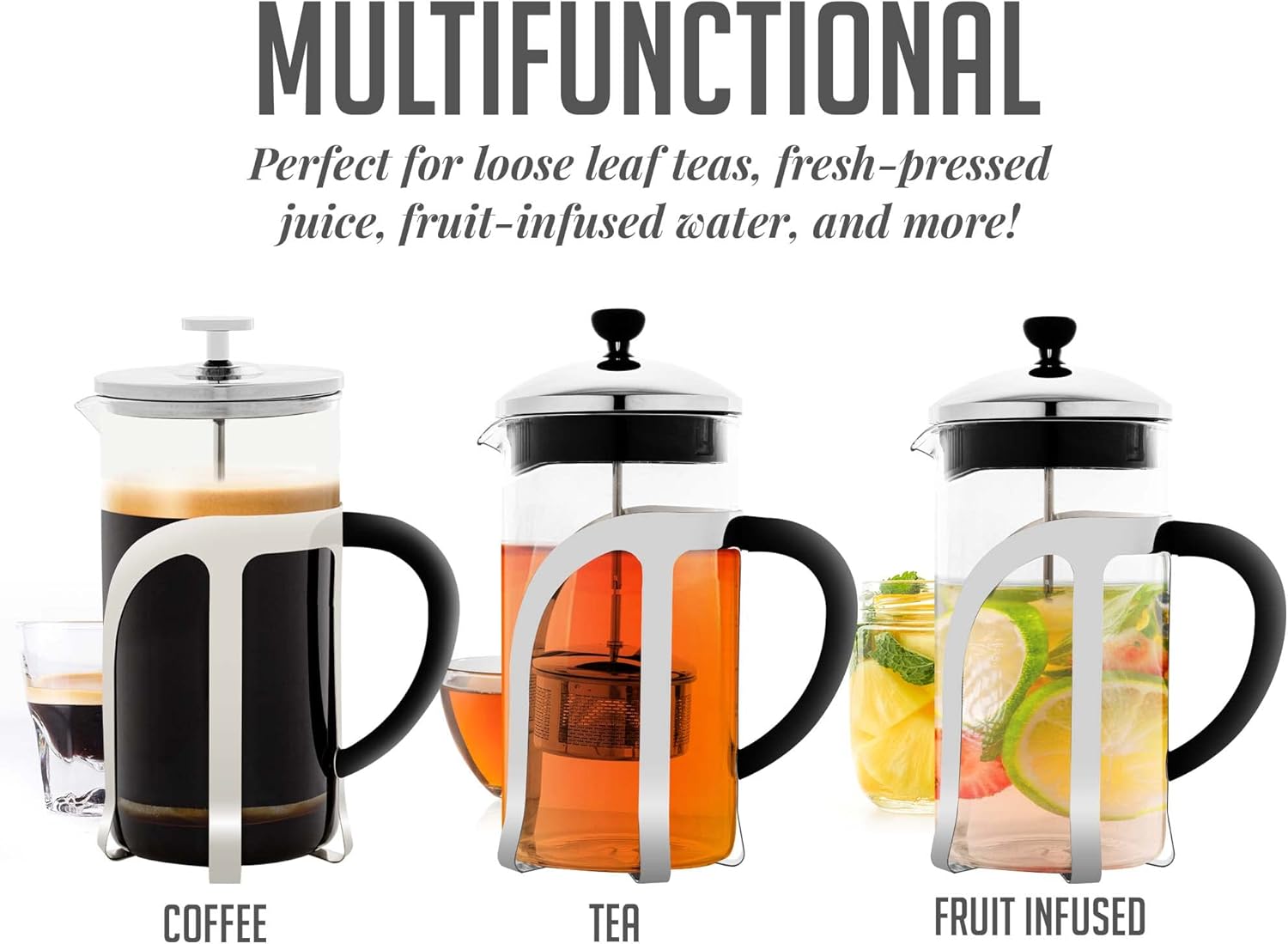 Three OVENTE French Presses demonstrating multifunctional use for coffee, tea, and fruit-infused water.