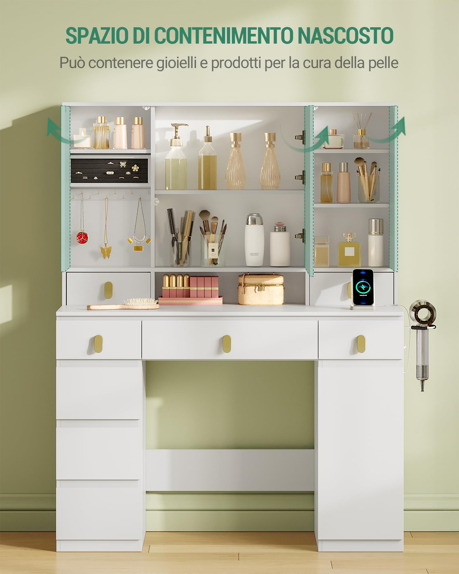 Hzuaneri Toeletta da Trucco Grande con Illuminazione a LED, con Presa e Porta Asciugacapelli, 3 Colori, Luminosità Regolabile, Tavolo da Trucco con Specchio, 8 Cassetti 1 Armadietti, Bianco DT42003XEU